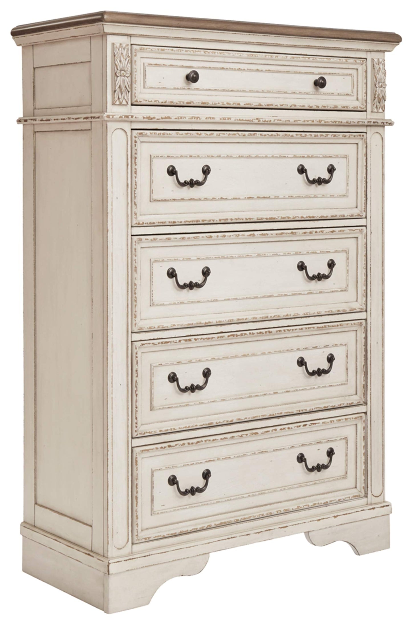 Signature Design by Ashley Realyn French Country Two Tone 5 Drawer Chest of Drawers, Chipped White