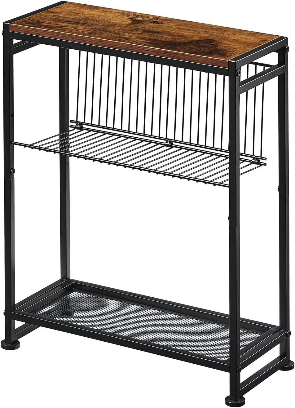 Small Side Table for Small Spaces - Slim End Table with Magazine Holder - 2 in 1 Design Narrow End Table Living Room - Skinny Bedside Table Nightstand Bedroom Thin Side Table, Rustic Brown