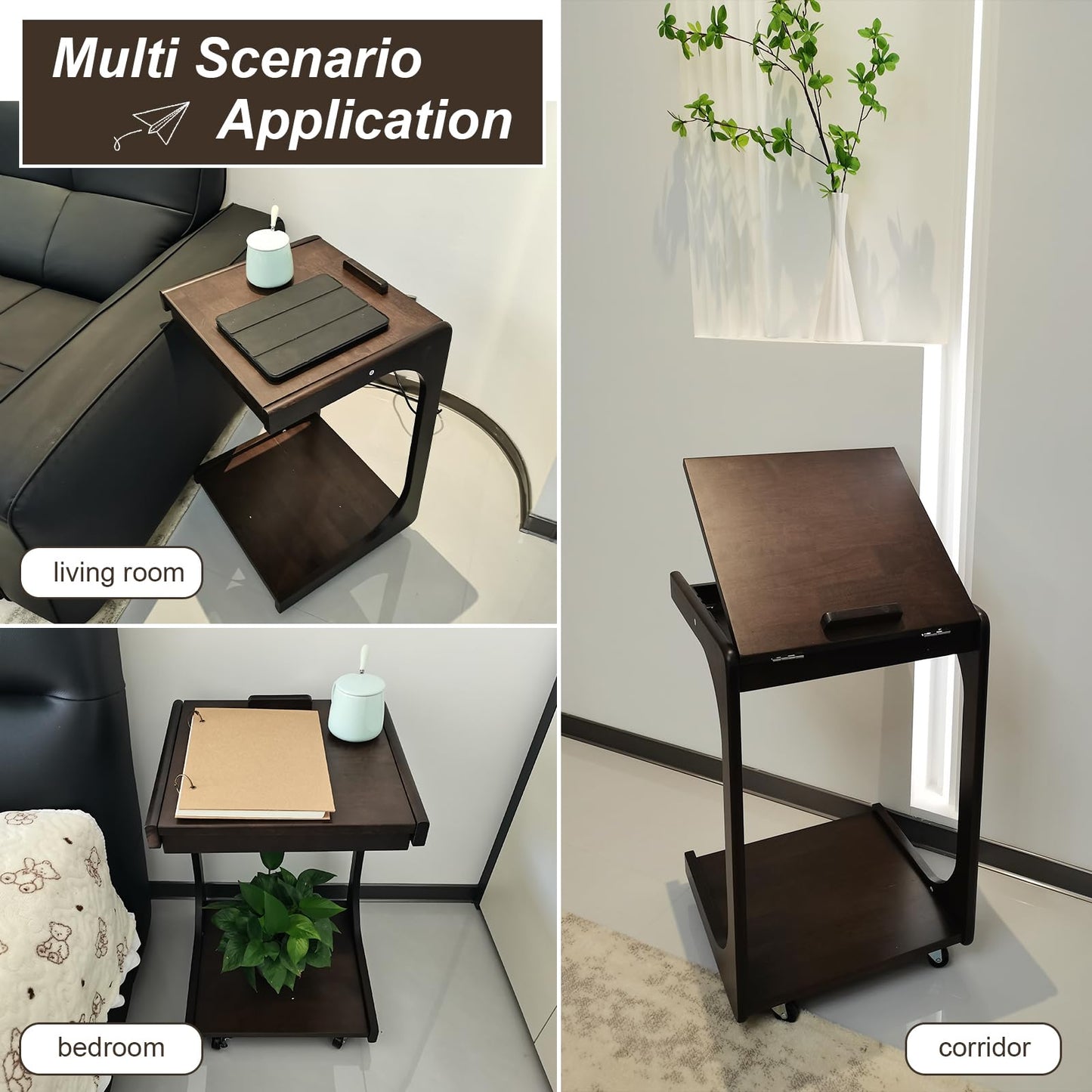 Solid Wood C Shaped End Table,Wooden Side Tables for Couch with Rolling Wheels, Adjustable Desktop TV Tray Table for Narrow Living Rooms Bedrooms & Small Spaces - Compact Sofa sode & Bedside Tables