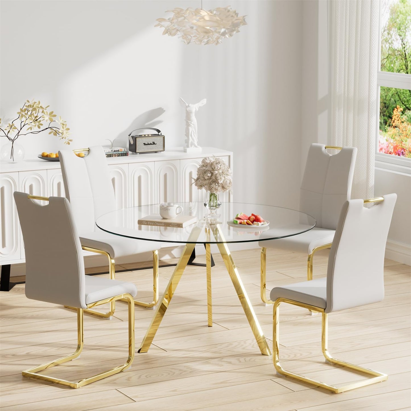 SIZOTA Round Dining Table for 4, 39" Modern Glass Dining Table, Leisure Coffee Table, Kitchen Circle Dinner Table, Saving Space(Gold)