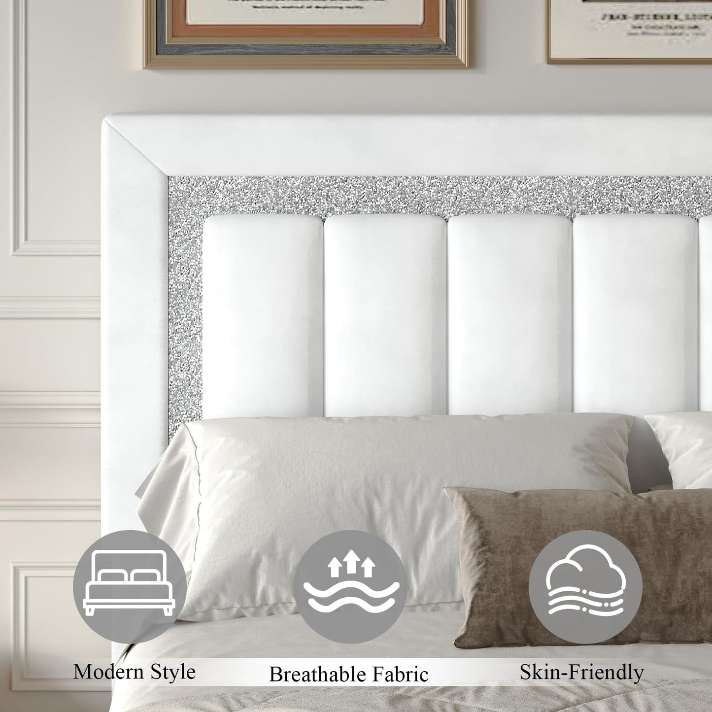 HOMBCK Full Size Bed Frame, Full Bed Frames with Upholstered Headboard, Princess Platform Bed with Diamond Design and Wooden Slats Support, No Box Spring Needed, Easy Assembly, White