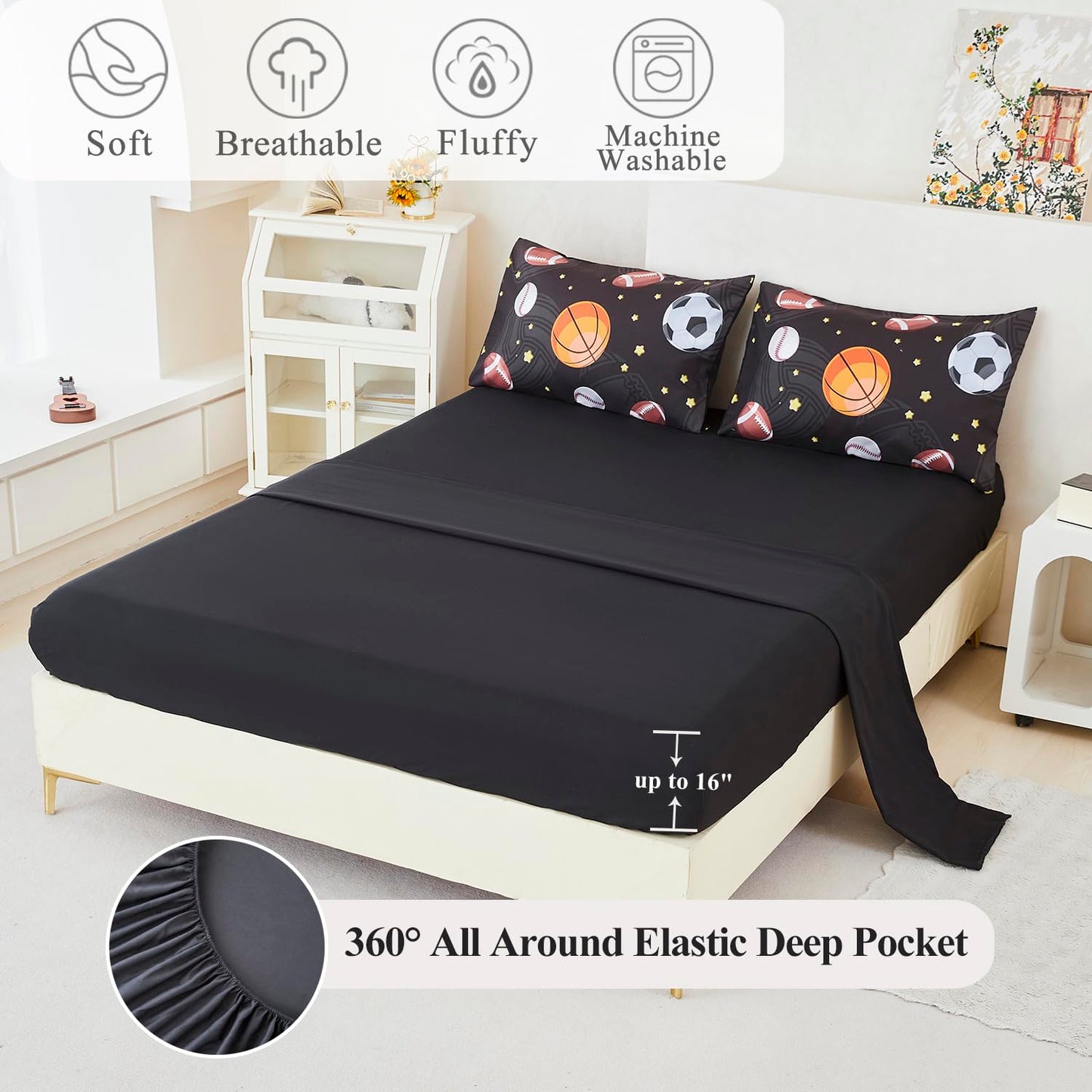 ZSYAYAHA Twin Bedding Set with Comforter 5 Pieces Boys Basketball Bedding Set Kids Sports Bed Set Soft Fluffy Baseball Soccer Bed in A Bag for All Season(Black Balls, Twin)