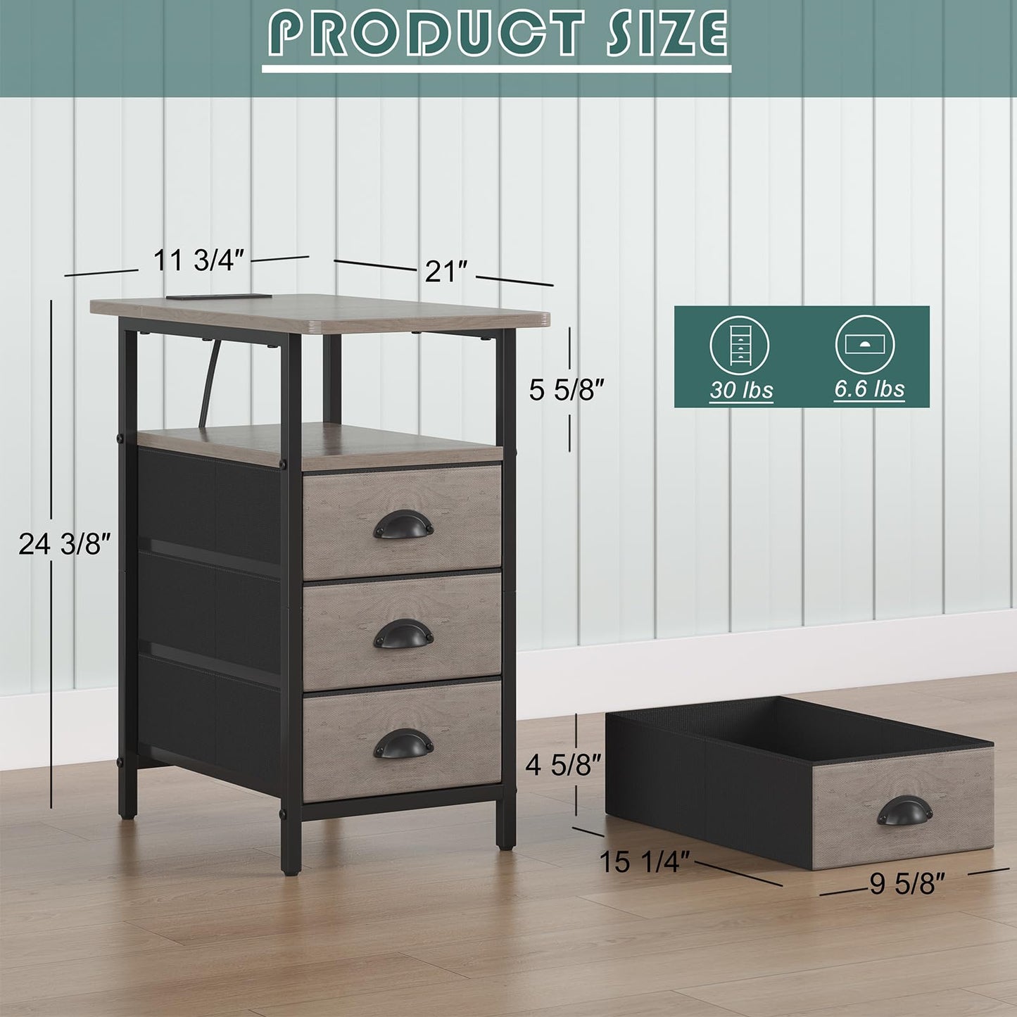 sthmec End Table with Charging Station, Side Tables Livingroom with USB Ports and Outlets,Narrow Nightstands Bedside Tables with 3 Drawers for Small Space,Slim Sofa Table Bedroom,Grey
