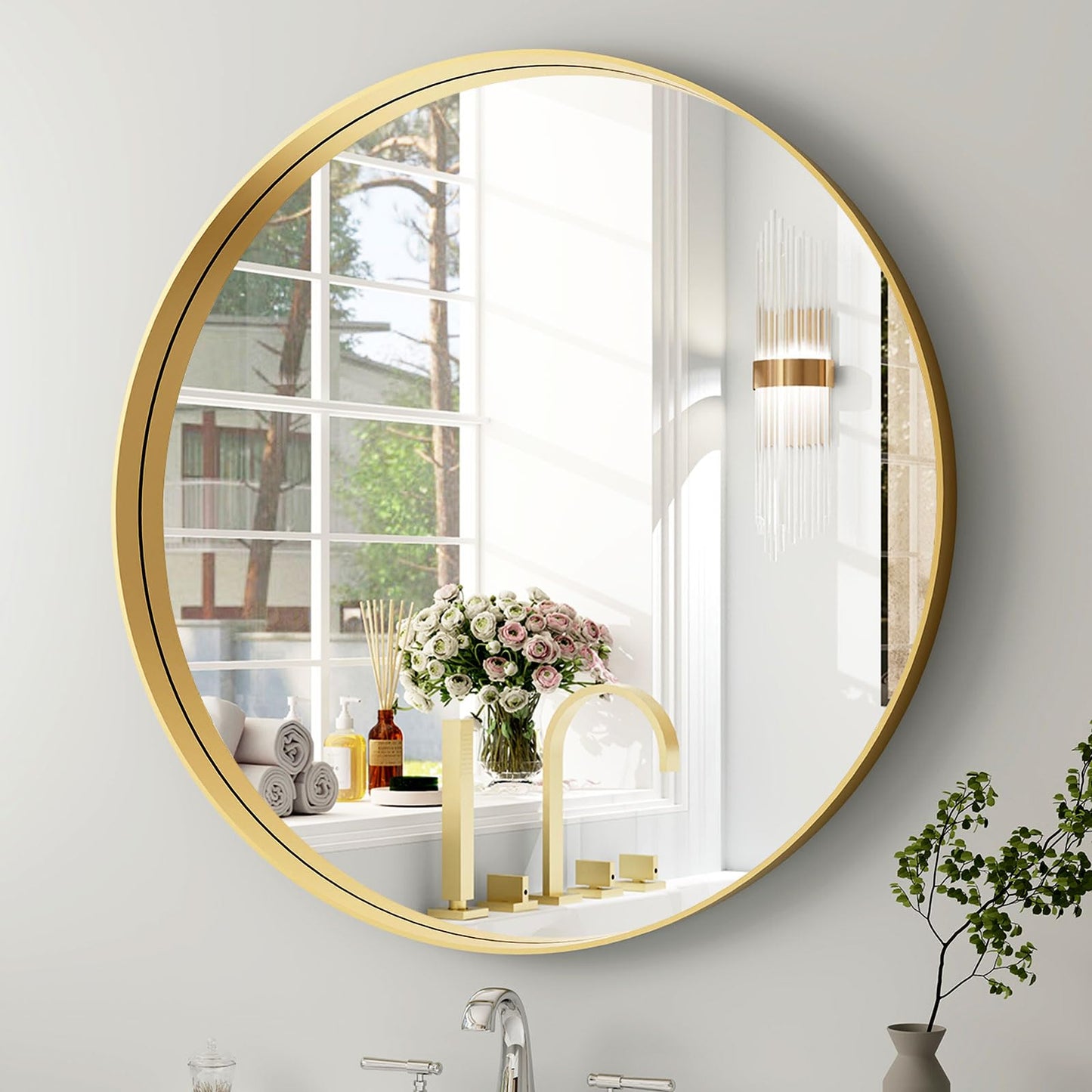 Easly 30 Inch Round Bathroom Mirror - Wall Mounted Circle Mirror with Metal Frame, Modern Mirror Suitable for Bathroom, Vanity, Entryway, Living Room, Wall Decor,Gold