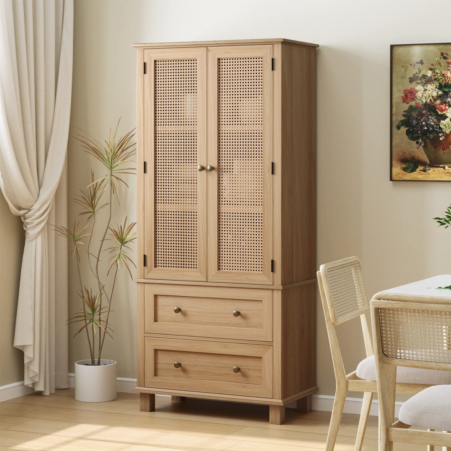 FOTOSOK Kitchen Pantry Storage Cabinet, Tall Cabinet with Rattan Doors and 2 Drawers, Freestanding Cupboard Adjustable Shelves, Utility for Kitchen, Dining Room (AZ-130)