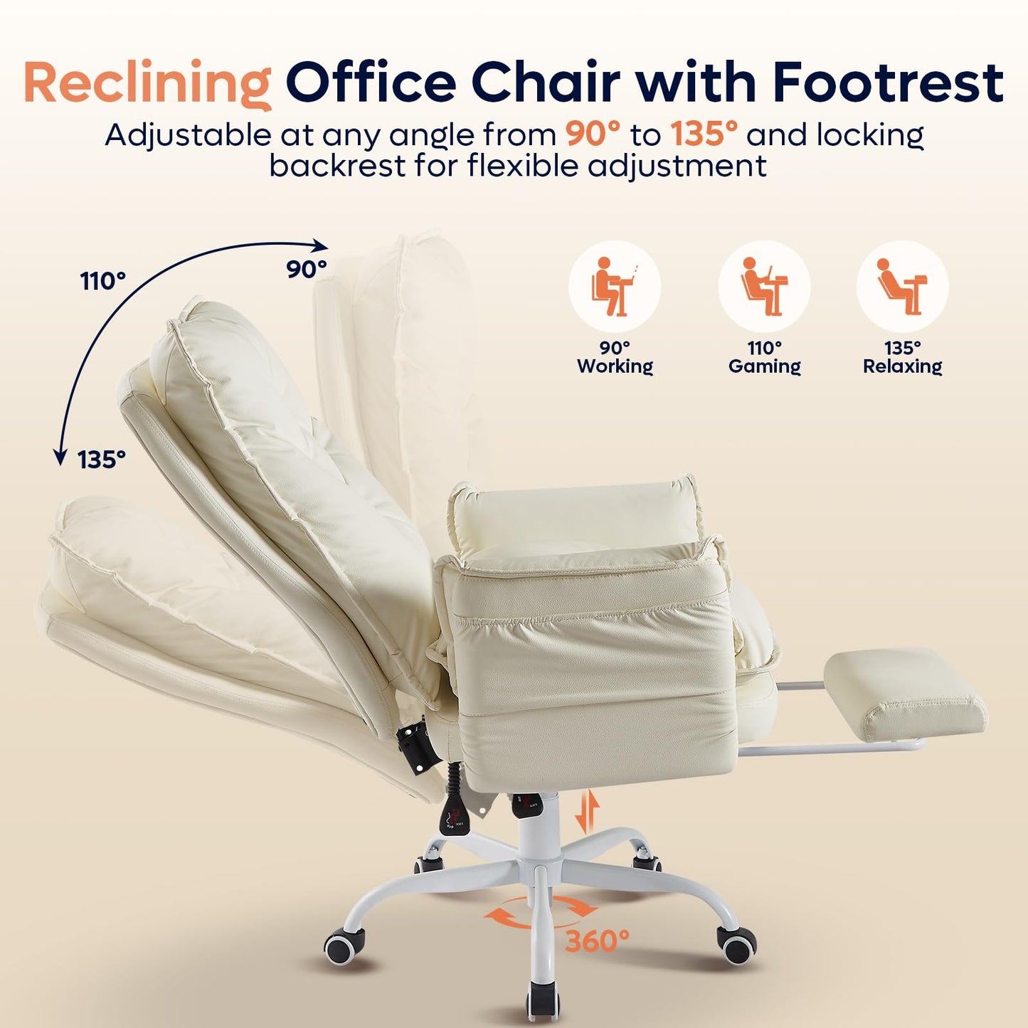 Bestier Criss Cross Chair with Footrest, High Back Cross Legged Office Chair with Flip-up Arms & Wide Seat, 135° Reclining Executive Ergonomic Computer for Working Gaming(Beige, PU Leather)