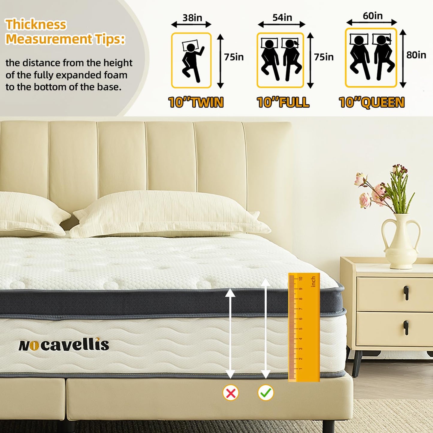 Nocavellis Full Size Mattress 10 Inch Hybrid Mattresses Full with Gel Memory Foam and Pocket Spring for Cool Sleep and Pressure Relief, Breathable Comfort Soft Bed Mattress in a Box, Medium Firm Feel