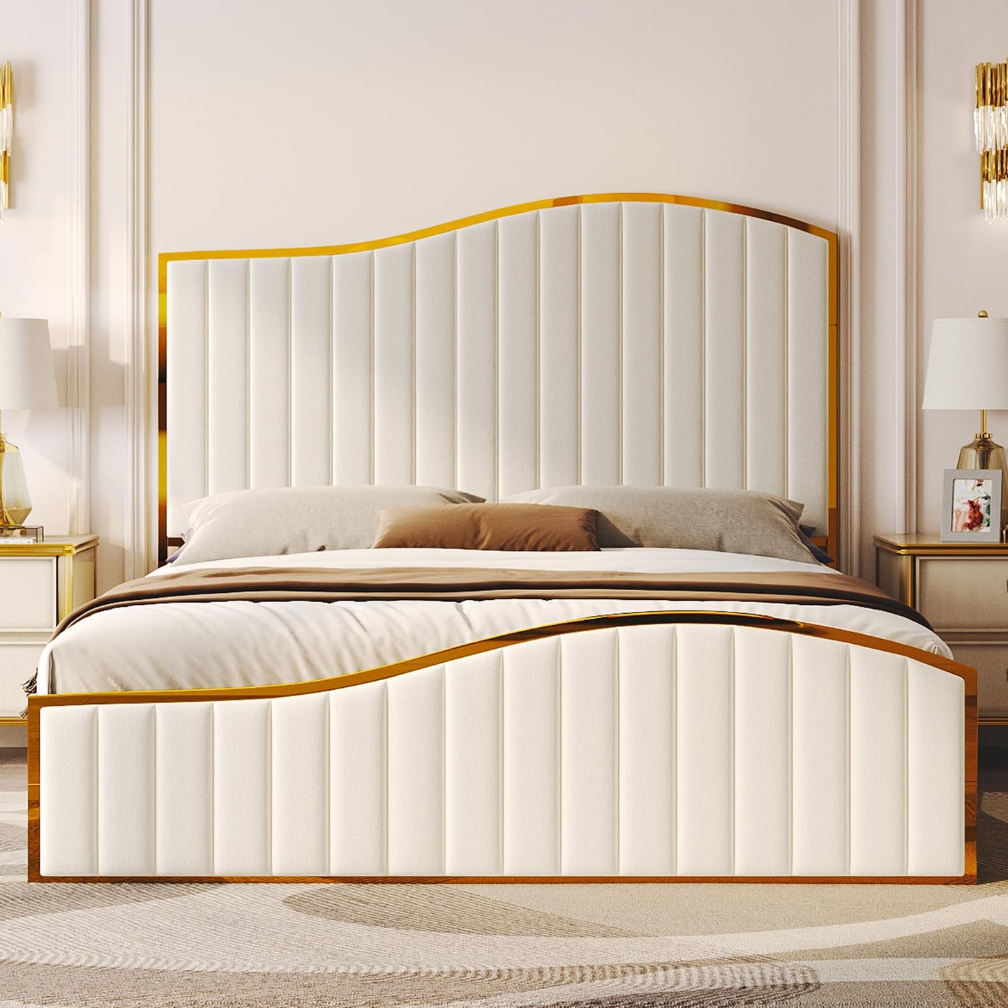 AMERLIFE Queen Size Bed Frame, 61.4" High Headboard Platform Bed Velvet Upholstered with Gold Trim & Footboard/Wooden Slats/No Box Spring Required/Cream