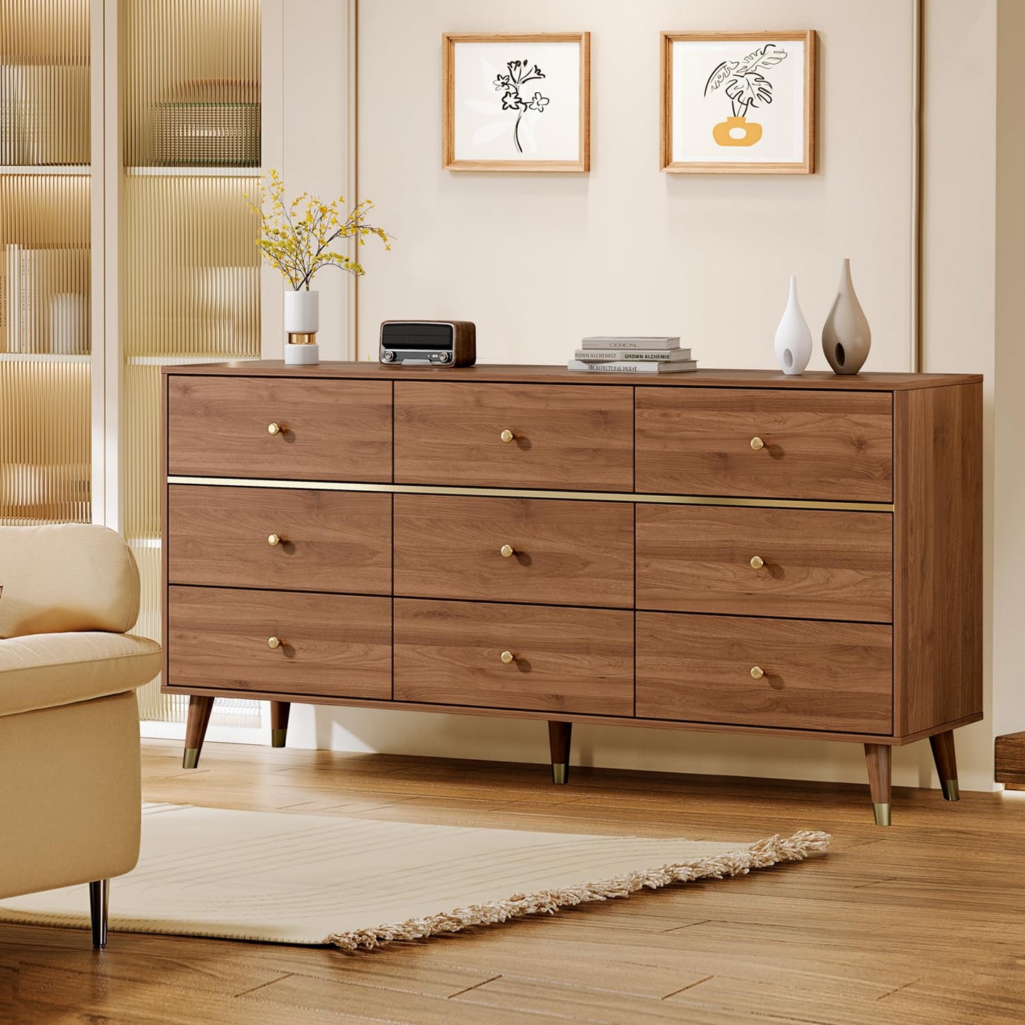 Chrangmay 9 Drawer Dresser,63" Wide Mid Century Modern Chest of Drawers,Wooden Bedroom Drawer Dresser with 9 Storage Drawers for Bedroom, Living Room,with Anti-Tipping Device,Umber