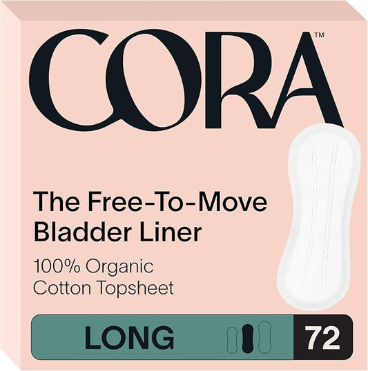 Cora Ultra Thin Organic Bladder Liners | Incontinence & Postpartum Pads for Women | Panty Liners for Bladder Leaks | Breathable Cotton (72 Long)