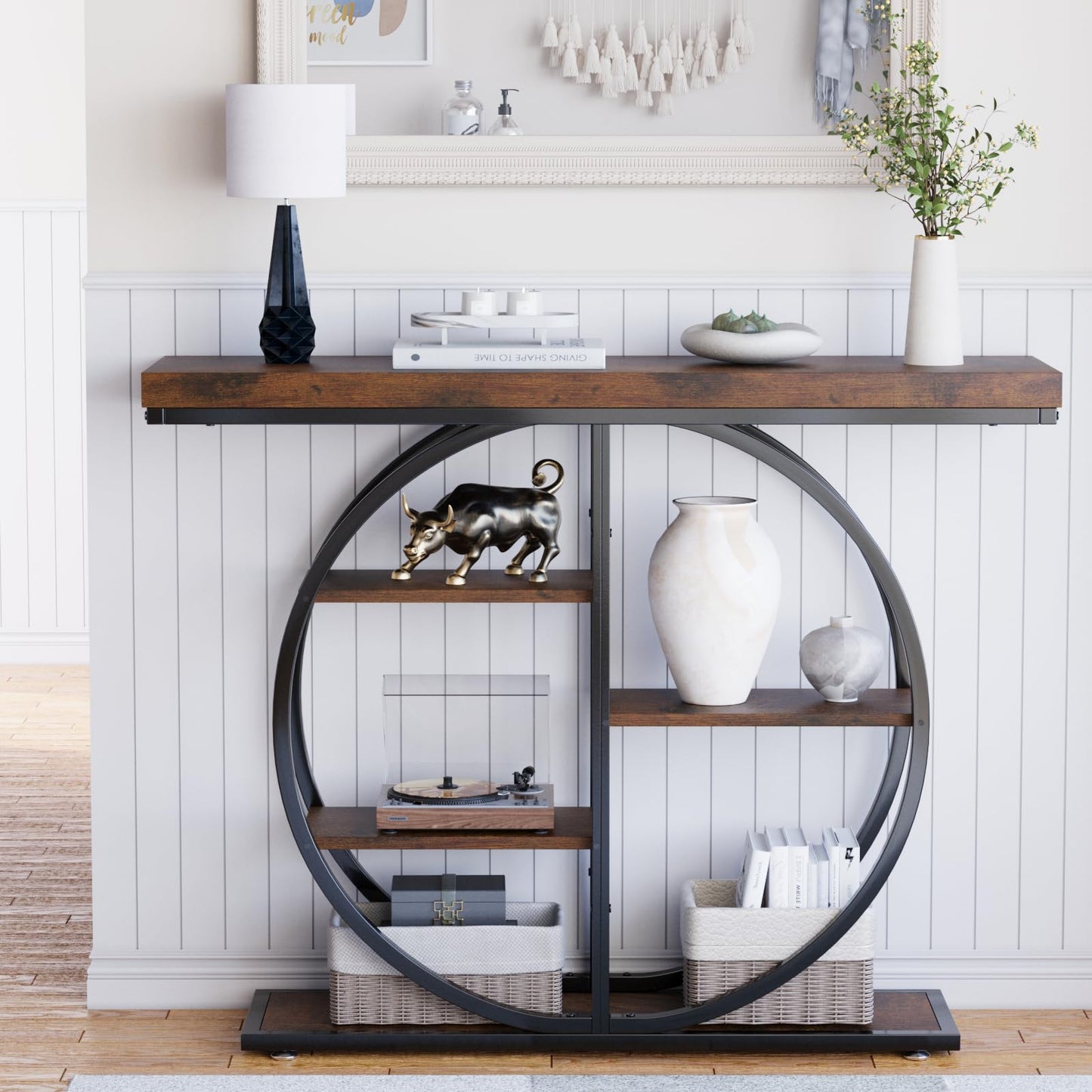 LIFECHOVY 41.3" Console Table for Entryway, Industrial Hallway Sofa Table with Storage Shelves, Narrow Accent Decor Living Room Furniture with Circle Base for Foyer, Entrance, Rustic Brown