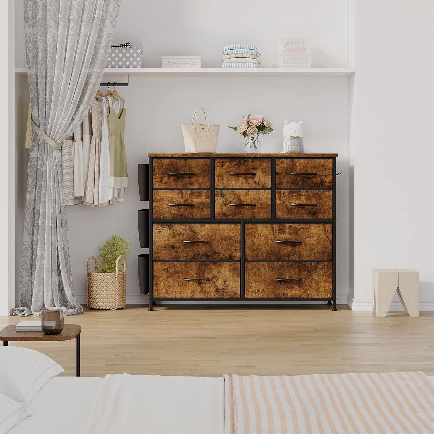 Dresser for Bedroom, 10 Drawers Fabric Storage Drawer, Dressers & Chest of Drawers with Side Pockets, Hooks, Wood Tabletop for Closet, Living Room, Hallway (Brown)