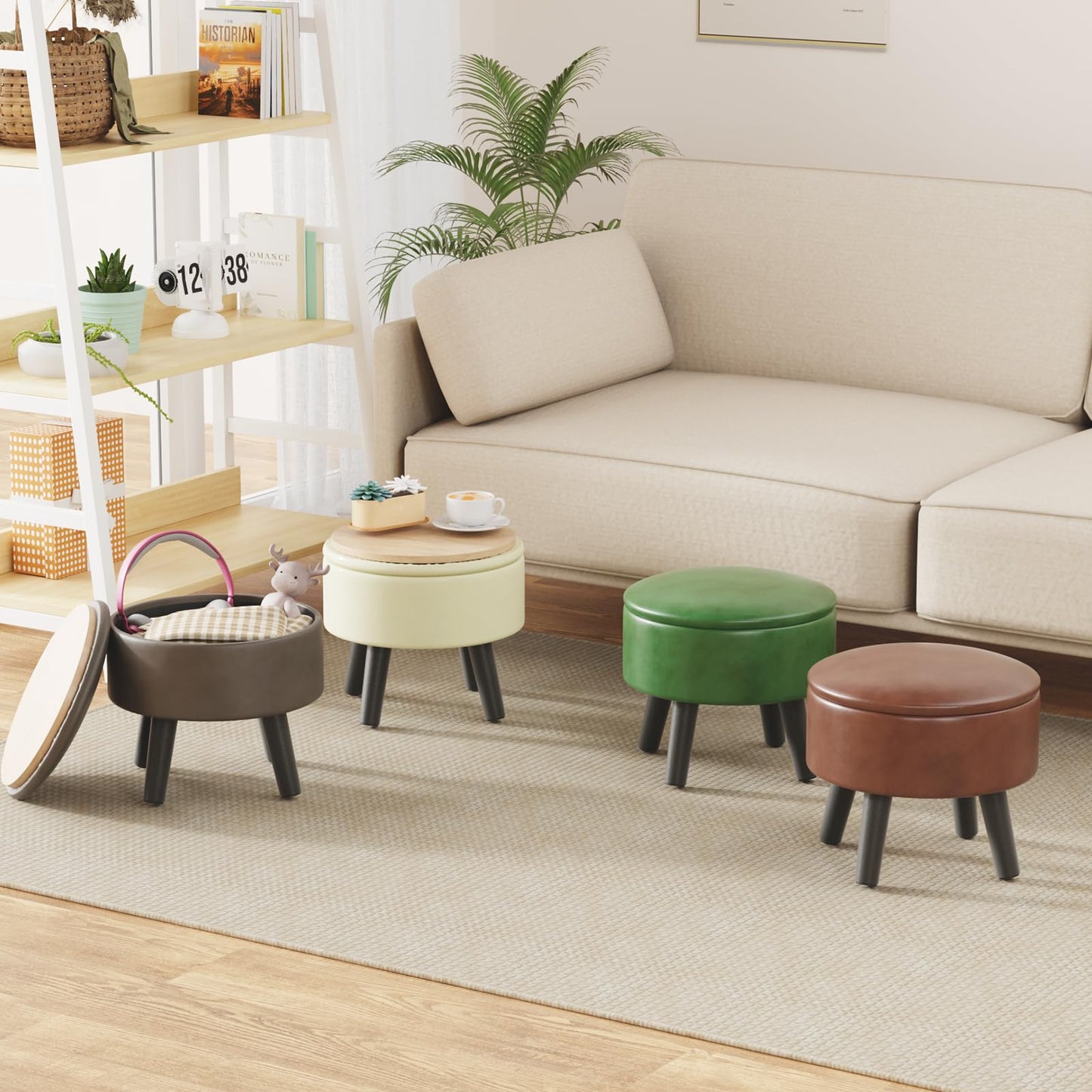 FIMIVIBI Small Foot Stool Ottoman with Storage, Faux Leather Ottoman Foot Rest for Couch, Round Footstool Ottomans for Living Room (Black)