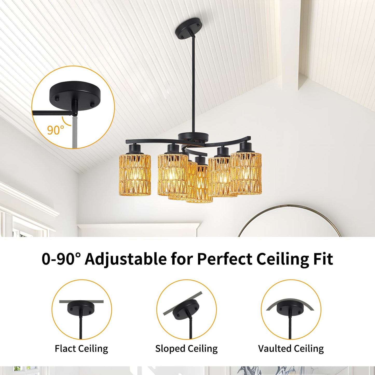 AIBISOD 6-Light Black Chandelier, 6-Light Farmhouse Boho Rattan Chandelier Dining Room Light Fixtures Over Table, Hand-Woven Wicker Shade, Adjustable Height for Dining Room Kitchen Island, E26 Base