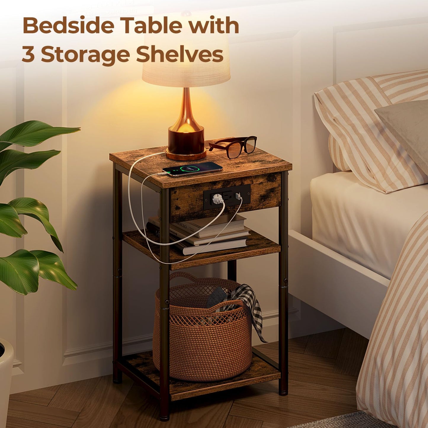 Rolanstar End Table with Charging Station, Night Stand with 3 Storage Shelves, Small Side Table for Small Space, Narrow Bedside Table for Living Room, Bedroom, Rustic Brown, Set of 2