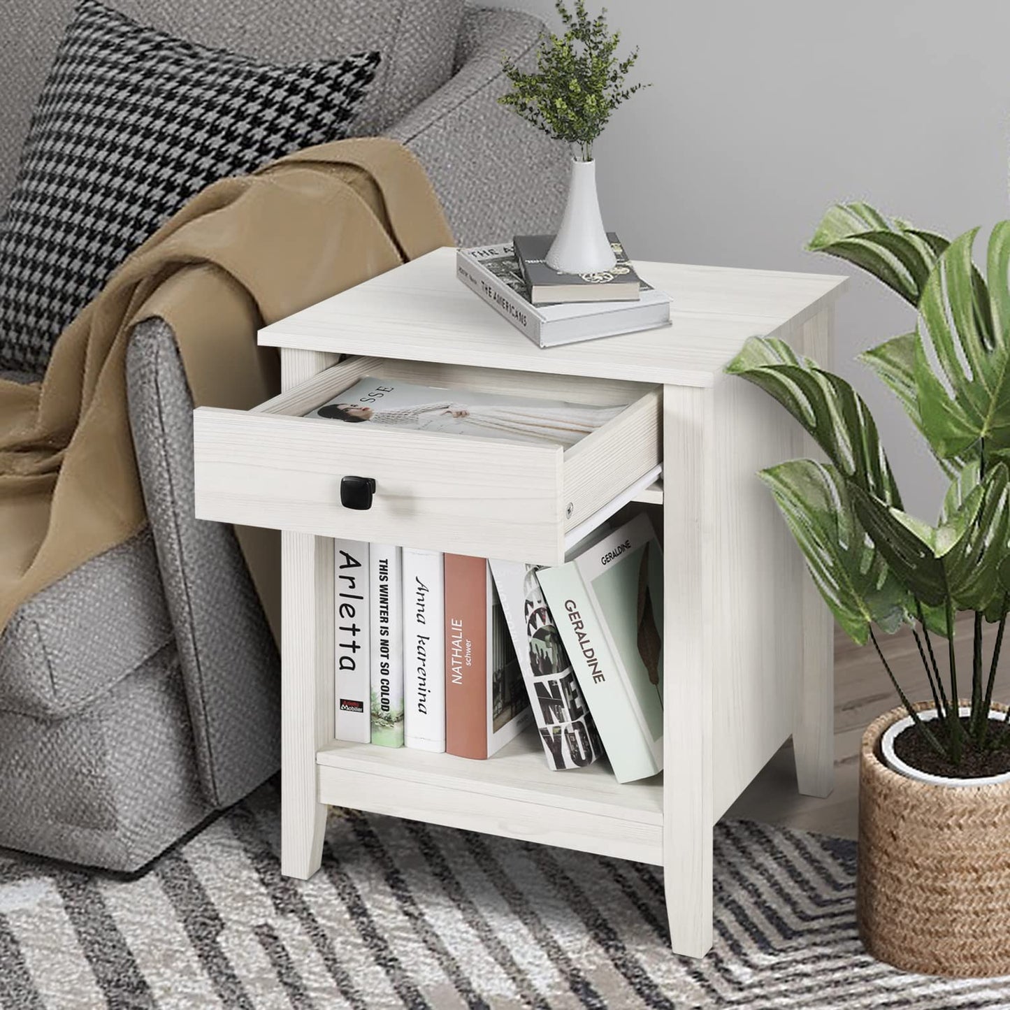 LTMEUTY Wood Nightstand Set - Set of 2 White Nightstands with Drawers for Bedroom Bedside Table, Tall Night Stand with One Drawer & Open Cabinet