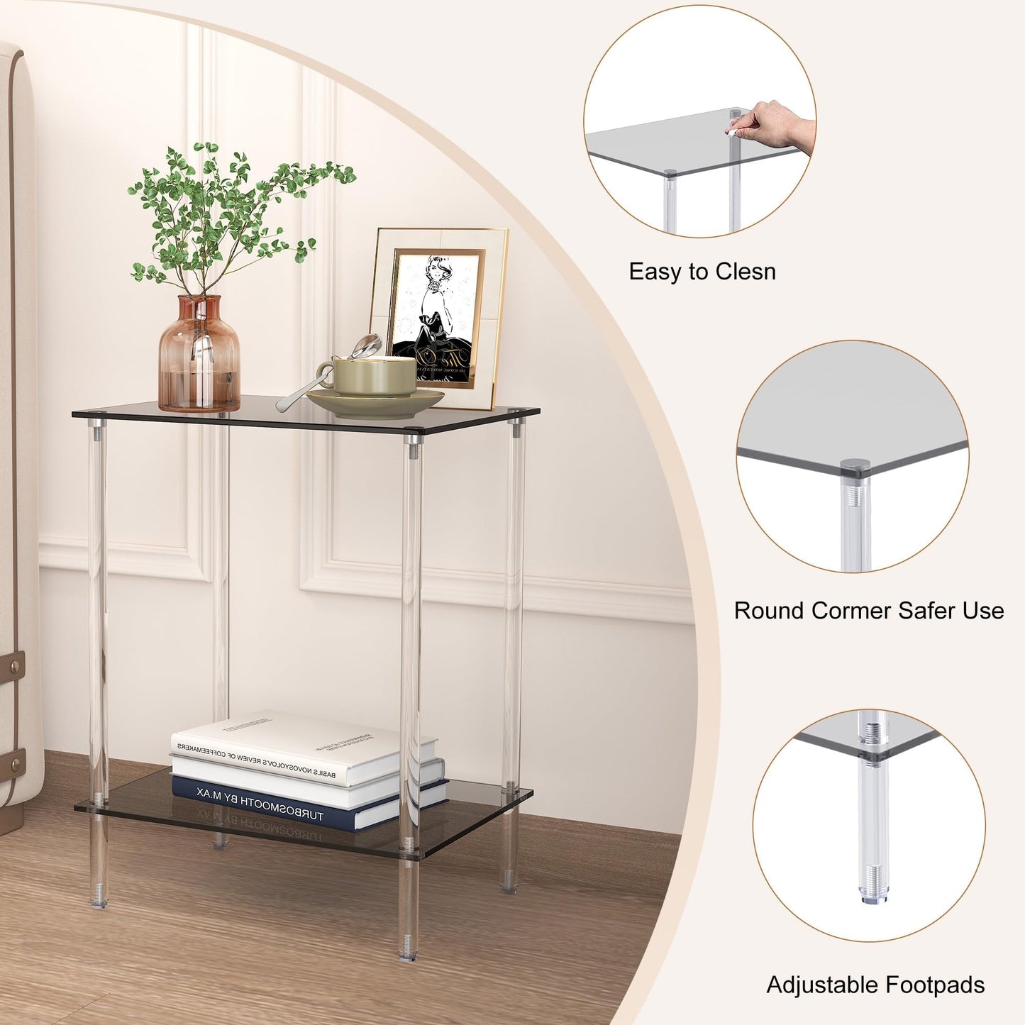 IRCPEN Acrylic Glass Side Tables with 2 Shelve End Table Bedside Set of 2, Simplicity Nightstands for Small Spaces, 2-Tier Tempered Glass for Office Bedroom Living Room Study Outdoor Black ET-008BK