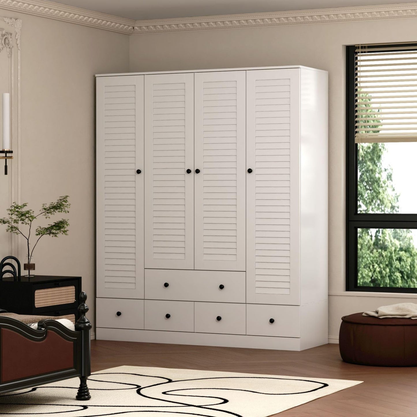 MOUMON 4 Shutter Door Wardrobe with Shelves and Drawers, Armoire Wardrobe Closet with 2 Hanging Rods, for Bedroom White 59”W x 19”D x 70.9”H