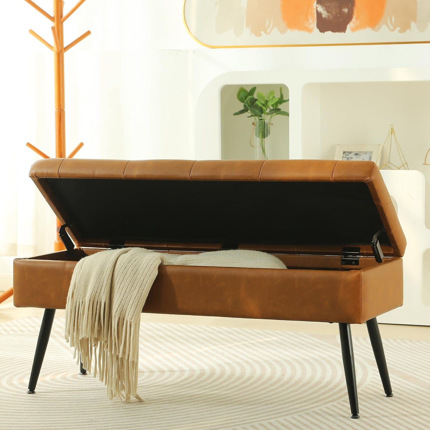 CUYOCA Storage Ottoman Bench, 40" Faux Leather Tufted Entryway Bench, Long Ottoman with Storage for Living Room, Support 660lbs - Cognac Brown
