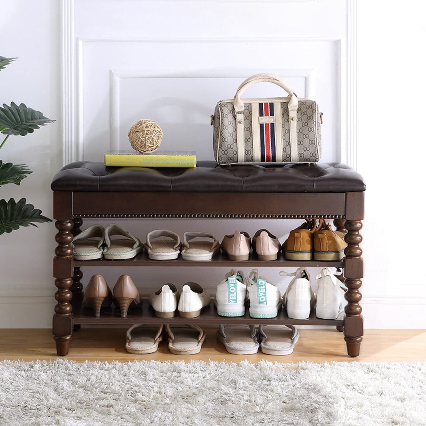 HOOTSMALL Shoe Storage Bench with Cushion, Entry Bench with Storage Solid Wood Shoe Bench Ideal for Entryway Living Room and Corridor (Walnut 31.5'')