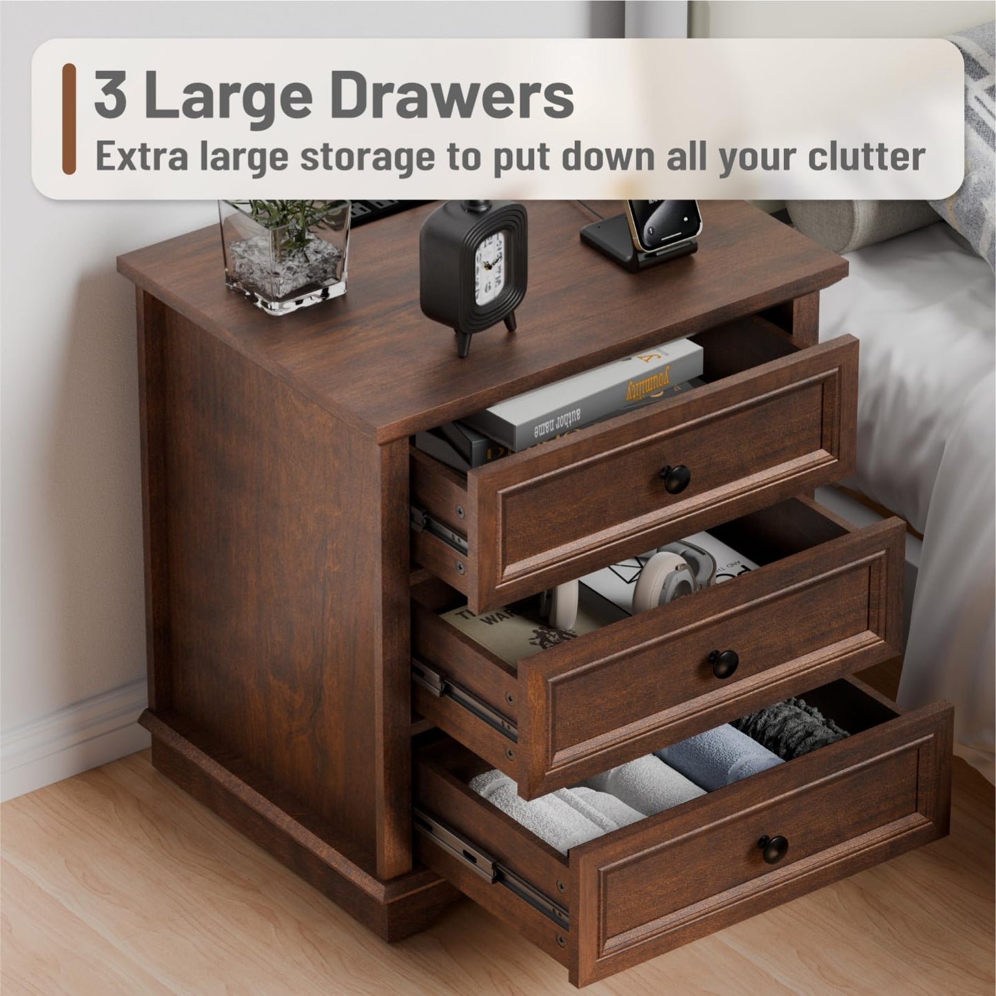 Nightstand with Charging Station, 24” Wide End Table with 3 Drawers, Modern Bedside Table with Storage, Wood Small Dresser for Bedroom Living Room. (Cherry)