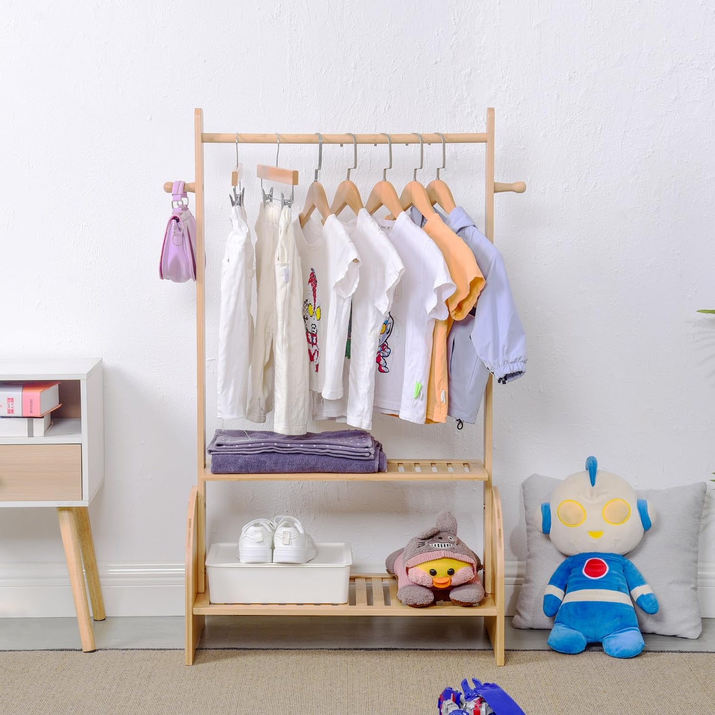 BAMBOOHOMIE Kids Clothing Rack With Adjustable Rods, Children Clothes Garment Rack for Baby Pet, Dress Up Rack With 2 Bottom Shelves, Wardrobe Closet for Toddlers Nursery