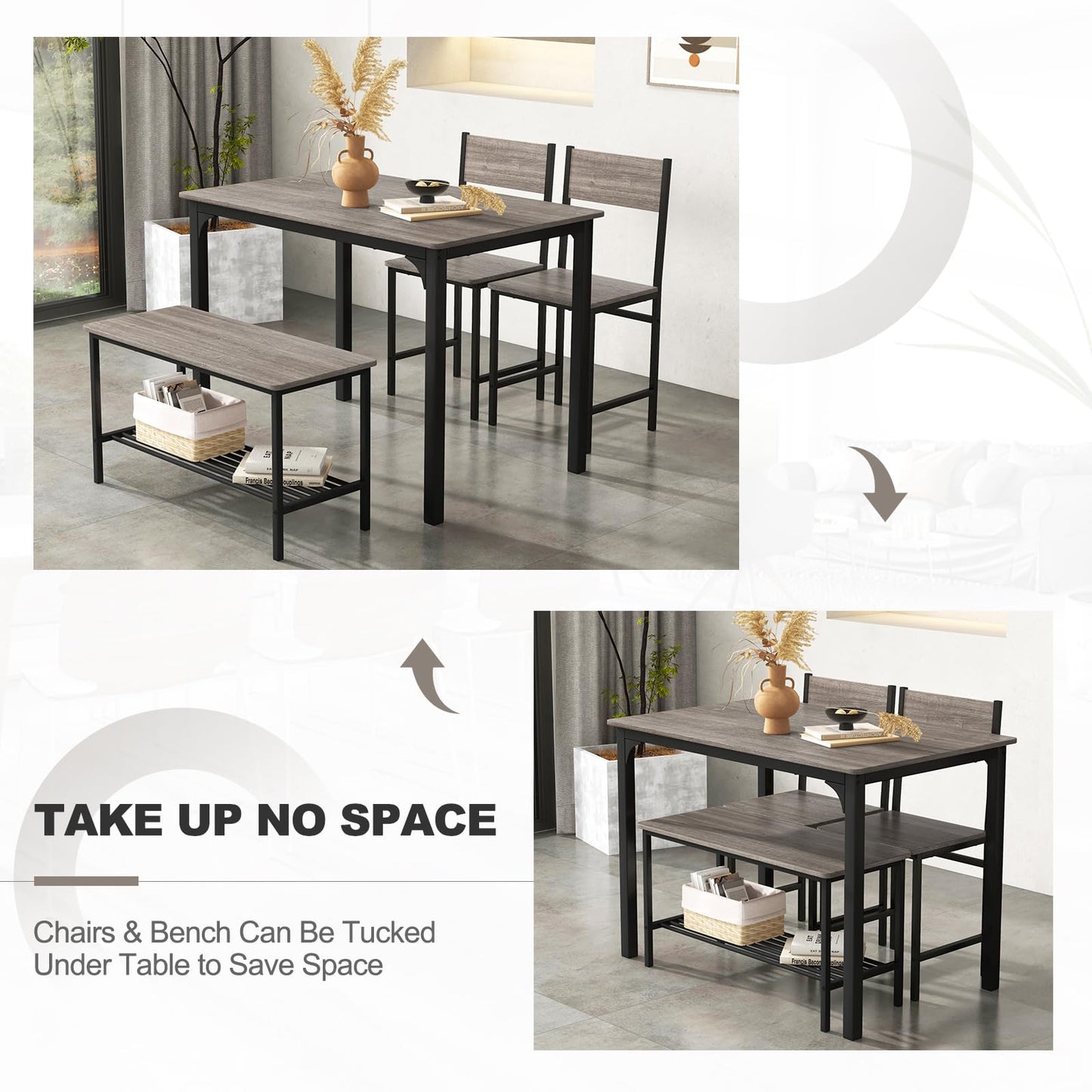 ReunionG Dining Table Set for 4, Modern Dinette with 1 Bench & 2 Chairs, Storage Shelf, 4-Piece Kitchen Table for Small Space, Apartment, Dining Room, Restaurant (Grey)