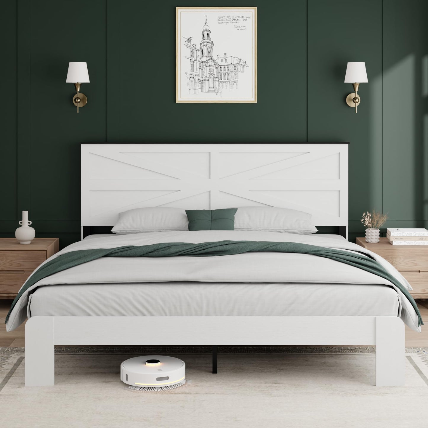 PAUKIN King Size Farmhouse Wooden Bed Frame with Headboard, Boho Platform Bedframe Sturdy Metal Slats Support, Spring Needed, Noisy Free, Easy Assembly (King, White)