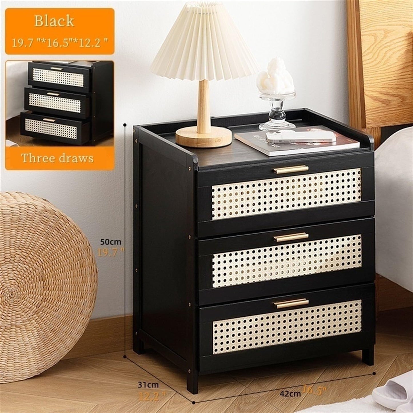 Boho Nightstand, End Table for Bedroom,Rattan Nightstand End Table,3Drawers Storage Ideal for Living Room and Small Space (Brown) ，Ideal Choice for Room(Brown)
