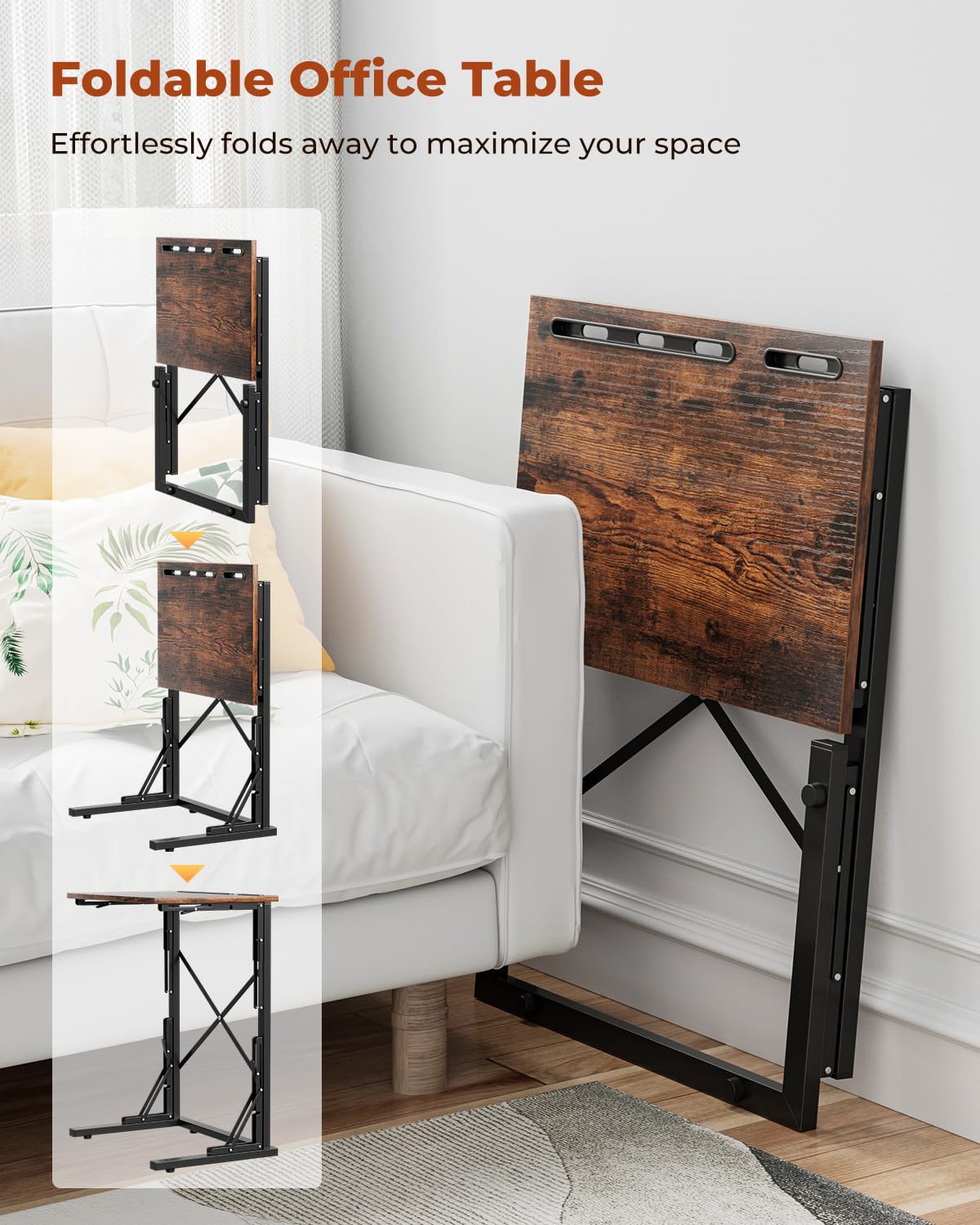 Evermagin 21''Wx28''H TV Tray Set of 2, Small Foldable C-Shaped End Table for Eating with Tablet and Phone Slots, Slide Under Couch Side Table for Recliner, Living Room, Bedroom, Rustic Brown