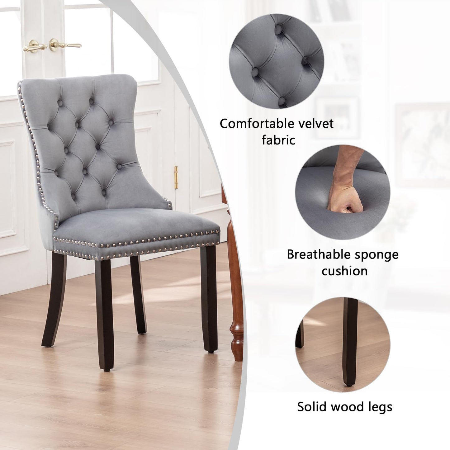 Hixkol Velvet Dining Chairs Set of 6,Upholstered Dining Chairs with Ring Pull Trim and Button Back,Modern Seating for Kitchen, Bedroom & Living Room(Grey)