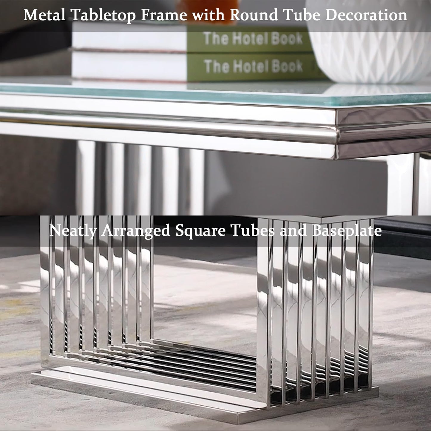 AUZ Silver Coffee Table, 50" White Glass Coffee Table for Living Room, Modern Rectangular Center Table with Gorgeous Mirrored Stainless Steel Base