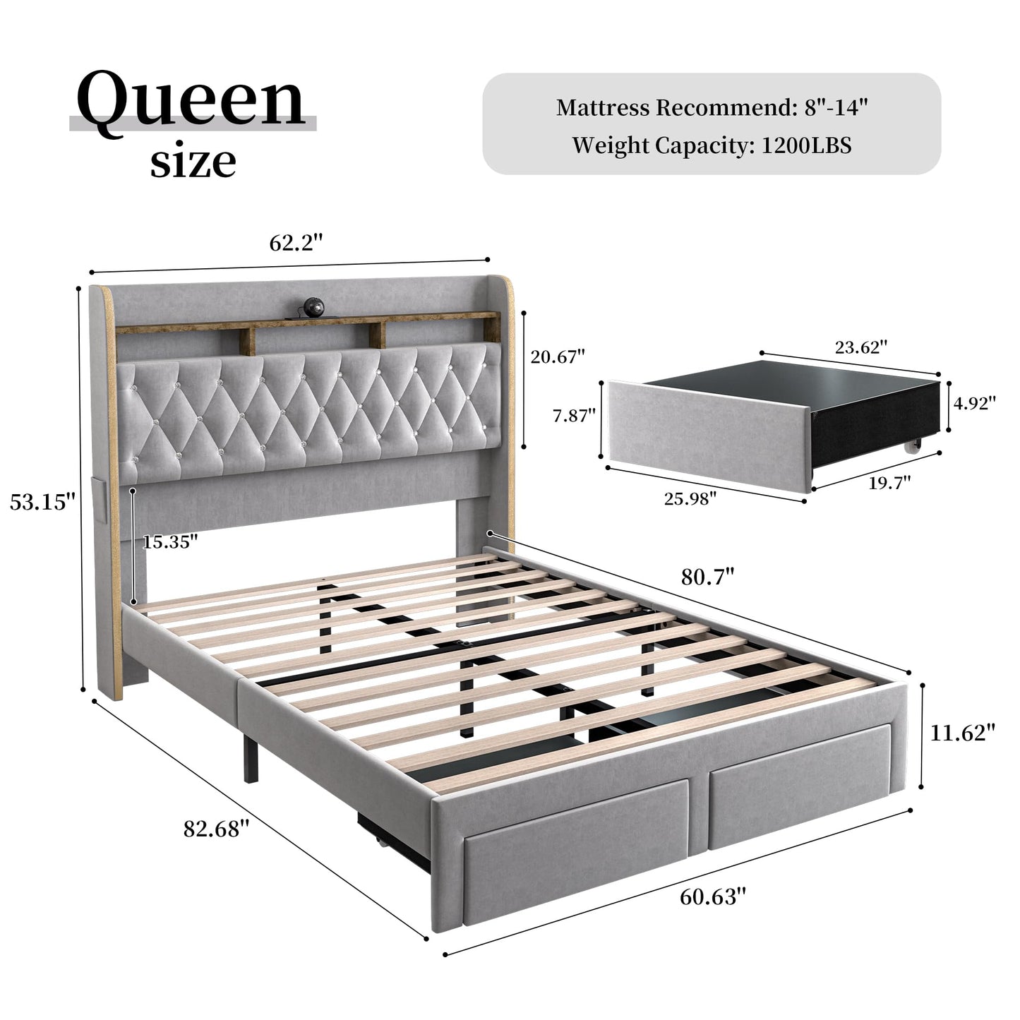 SIBEDS Queen LED Bed Frame with Storage Drawers, Velvet Upholstered Platform Beds with Galaxy Star Projector Charging Station Speaker, Aurora Bedframe with 2-Tier Storage Headboard, Noise-Free, Grey