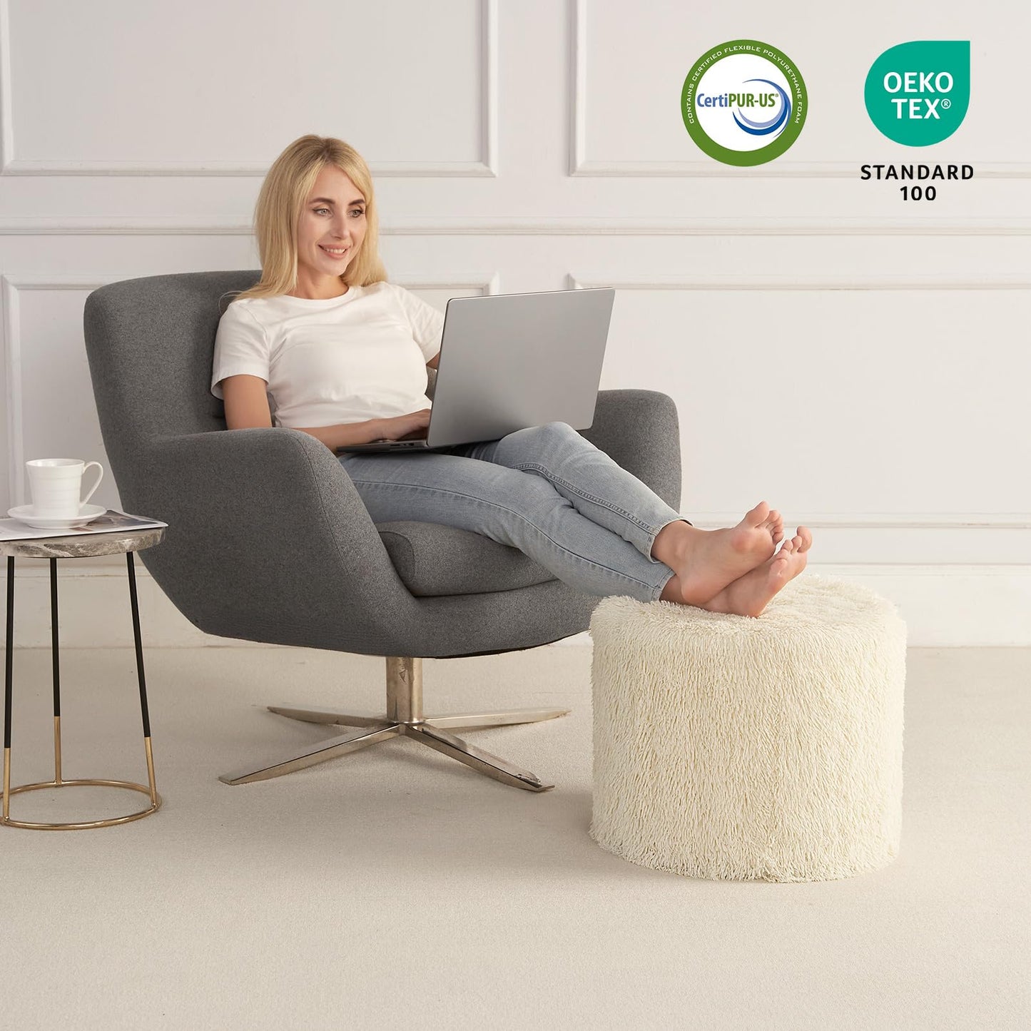 Hansleep Round Pouf Ottoman Foot Rest, 17 x 14 Small Faux Fur Stuffed Pouf for Chair, Foam Filled Foot Stools Ottomans for Living Room, Beige