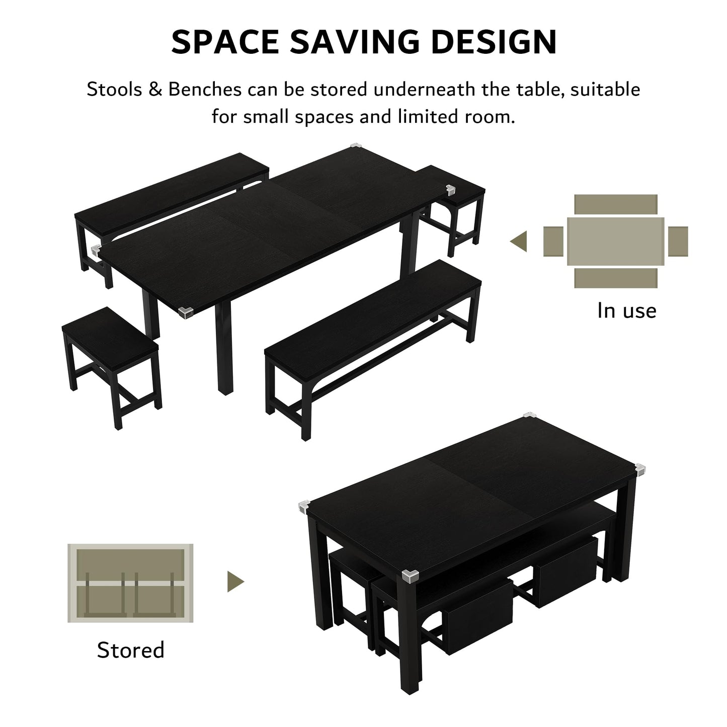 iPormis 5-Piece Dining Table Set for 4-8 People, Extendable Kitchen Table Set with 2 Benches and 2 Square Stools, Mid-Century Dining Room Table with Metal Frame & MDF Board, Saving Space, Black