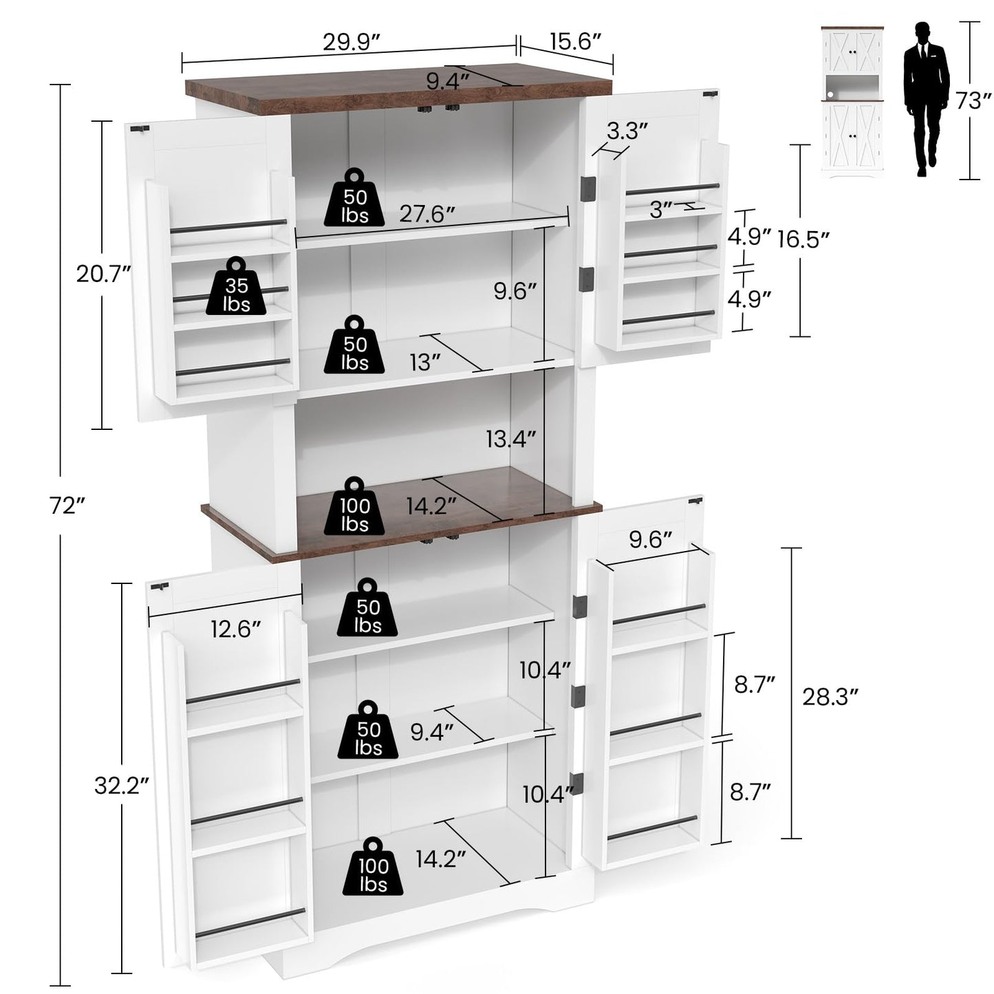 Apicizon 72" Kitchen Pantry Cabinet, Farmhouse Kitchen Cabinets with Barn Doors & Storage Shelves, Pantry Storage Cabinet- Coffee Bar, Tall Cabinets Organizer for Dining Room Living Room