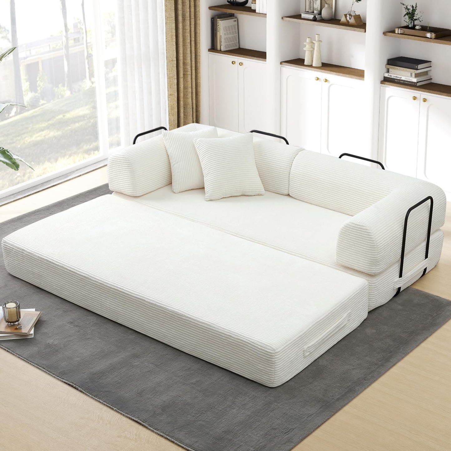 JEEOHEY Convertible Folding Sofa Bed, Corduroy Sleeper Mattress Couch with Fixed-Shape Frame, Free Combination Loveseat Lounge Floor Sofa, Queen Size Memory Foam Couch for Living Room, Bedroom, White