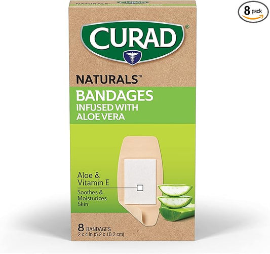 CURAD Naturals Ale Vera & Vitamin E Bandages 2" x 4", Individually Wrapped Sterile Bandages, First Aid Kit Essential, Protects Scrapes and Cuts, Absorbent and Self-Adhesive, 8 - Count Box
