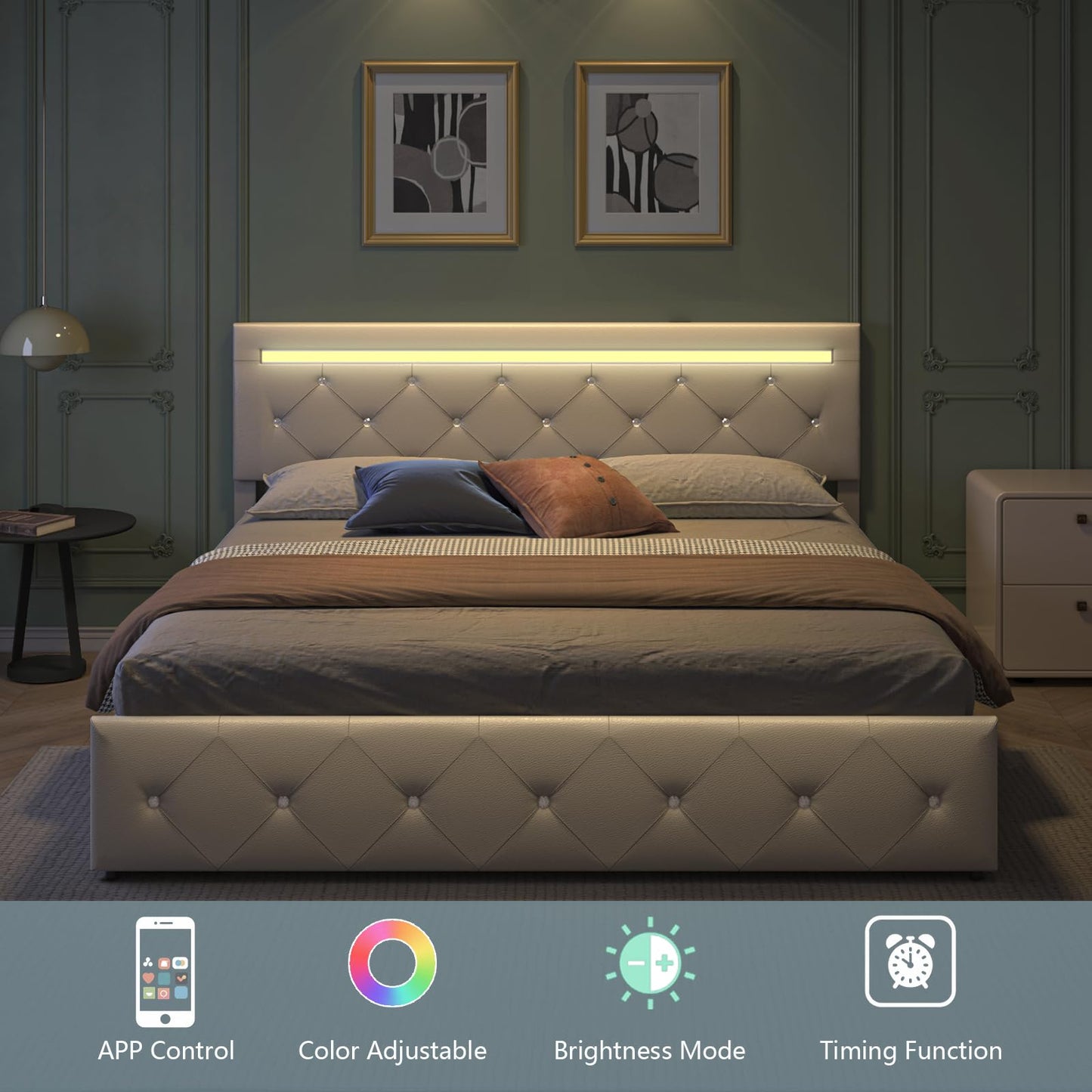 Forrise Bed Frame Full Size with LED Light and Storage Drawers, Adjustable Headboard with PU Leather Upholstered, 2 Sockets and 2 USB Ports, No Box Spring Needed,Wooden Slats Support, White.