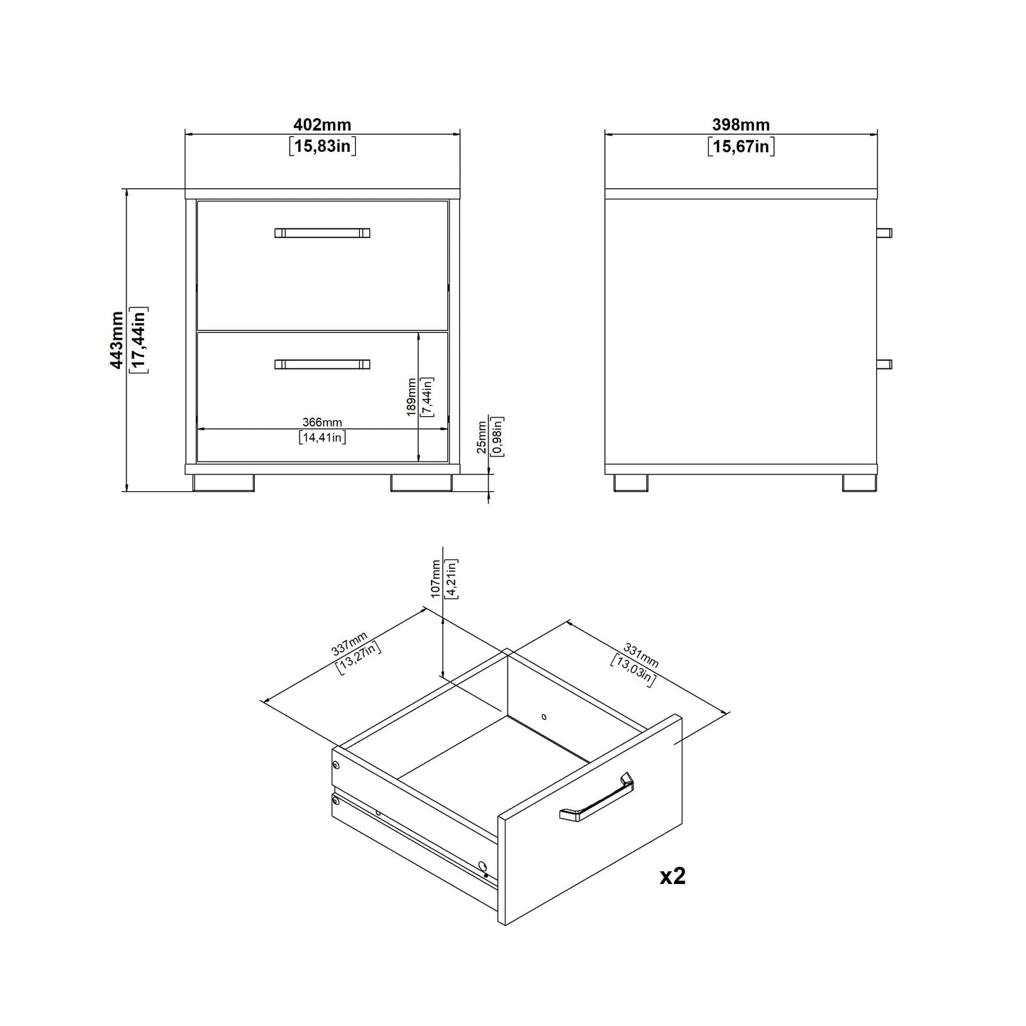 Tvilum Sofia 2-Drawer Bedroom Nightstand in White, 15.8" W x 15.6" D x 17.4" H