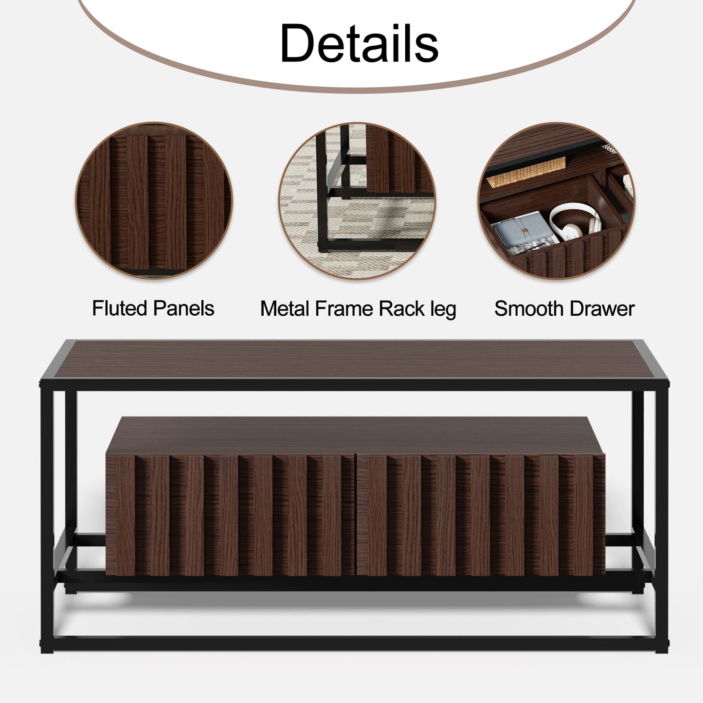UEV Coffee Table Set of 3,Living Room Table Set,Mid Century Coffee Table,End Side Tables Set of 2 with 2 Drawer for Living Room & Bedroom,Walnut