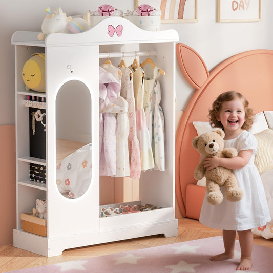 Callales Kids Armoire with Jewelry Cabinet, Kids Dress Up Storage with Shelves, Girls Wardrode Costume Organizer with Full Length Mirror, Children Closet with Armoire for Bedroom, Kids Room, Girls
