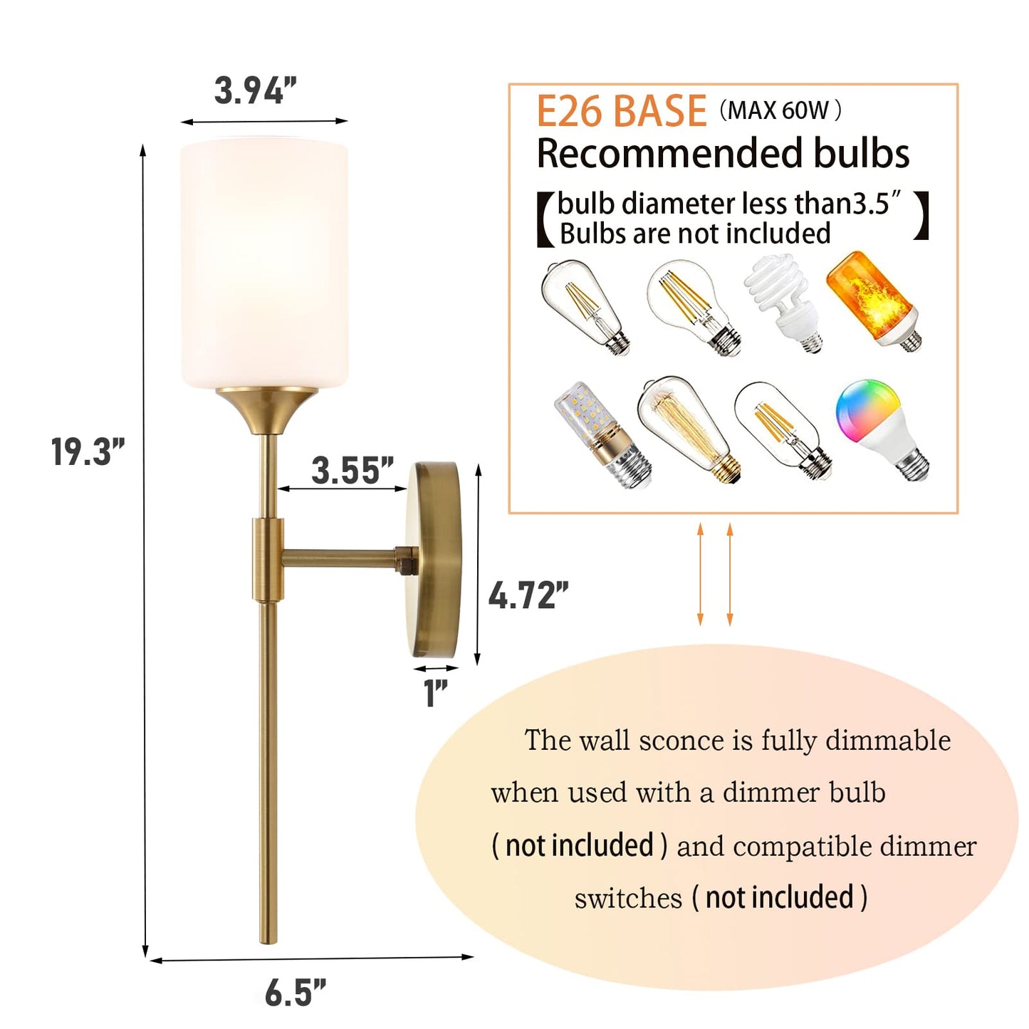 BYOLIIMA Gold Wall Sconce Set of 2 with White Cylinder Glass Shades Modern Mid Century Bathroom Vanity Wall Light Fixtures Industrial Brushed Brass Wall Lamp for Bedroom Mirror Living Room Restaurant