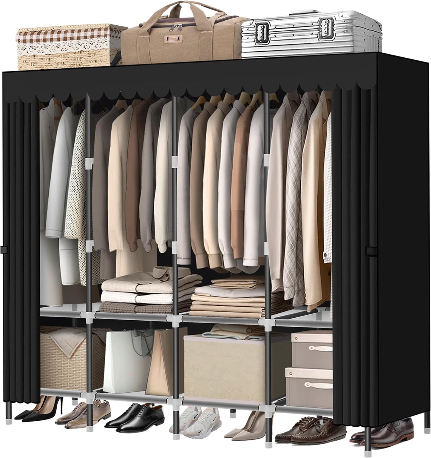 LOKEME Wardrobe Closet，Black Portable Closet with Zippers，65.4Inches 19mm Diameter，Portable Closets for Hanging Clothes，with 4 booms and Storage cabinets，Spacious Large -Capacity Storage Space