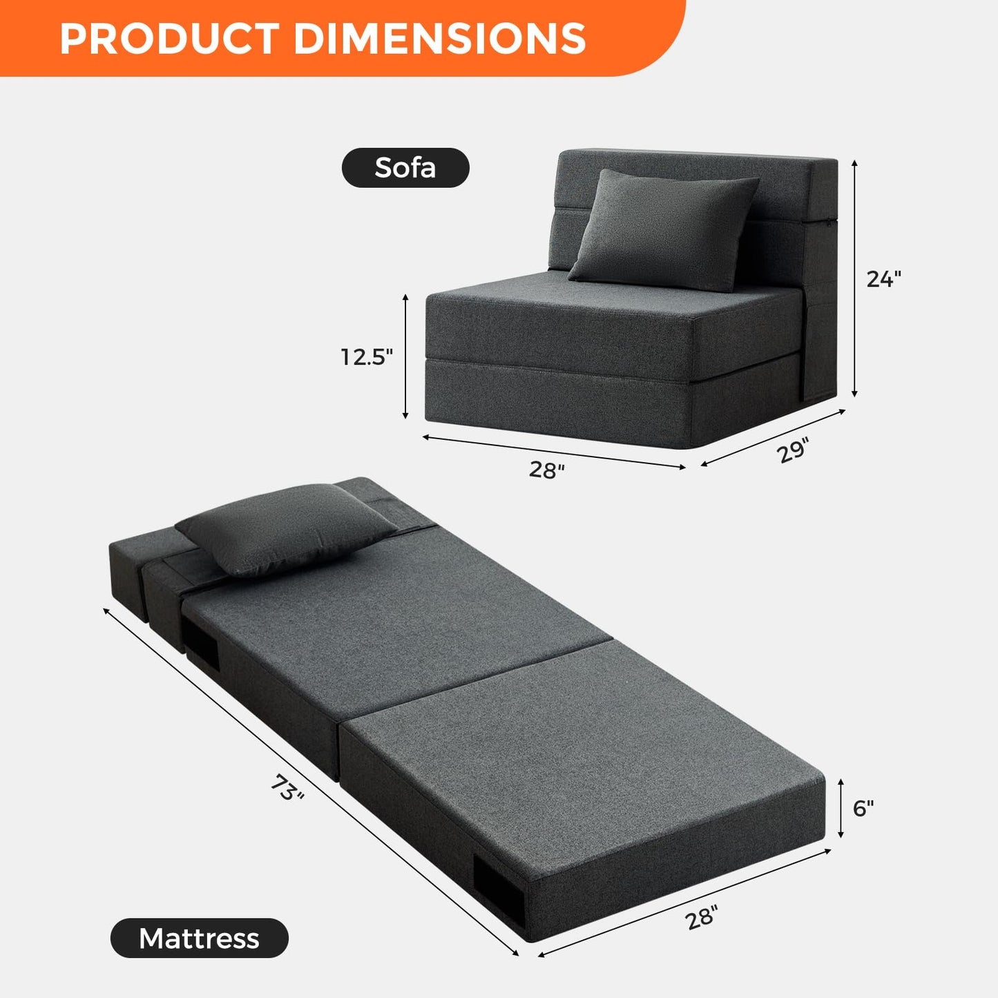 TKBRWU Folding Sofa Bed - Convertible Sleeper Chair with Pillow, Folding Chair Bed, Foam Floor Mattress, Futon Couch, Lazy Sofa for Living Room/Dorm/Guest Room/Home Office,Single，Gray