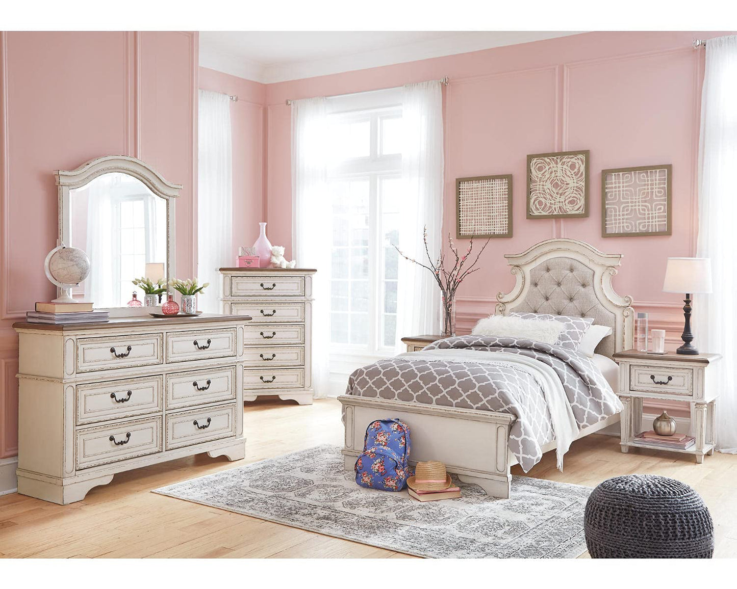 Signature Design by Ashley Realyn Traditional Cottage 1 Drawer Nightstand with Dovetail Construction & Open Display Shelf, Chipped White, 27" Tall, Distressed Brown