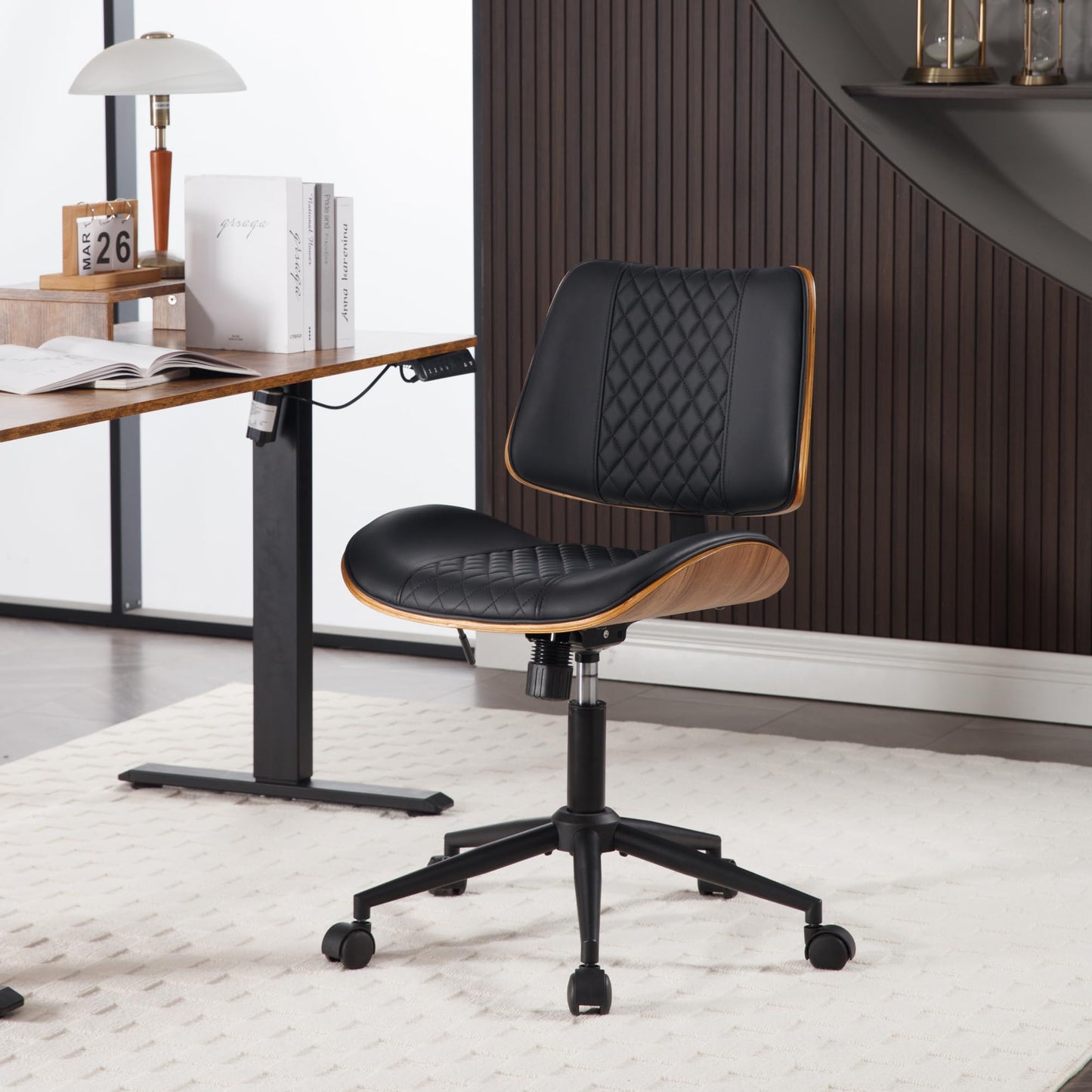 BV Small Desk Chair, Mid Century Office Chair with Bentwood Back, Armless Task Swivel Chair with Wheels, Mid Back No Arms, Faux Leather Office Chairs for Small Space, Black
