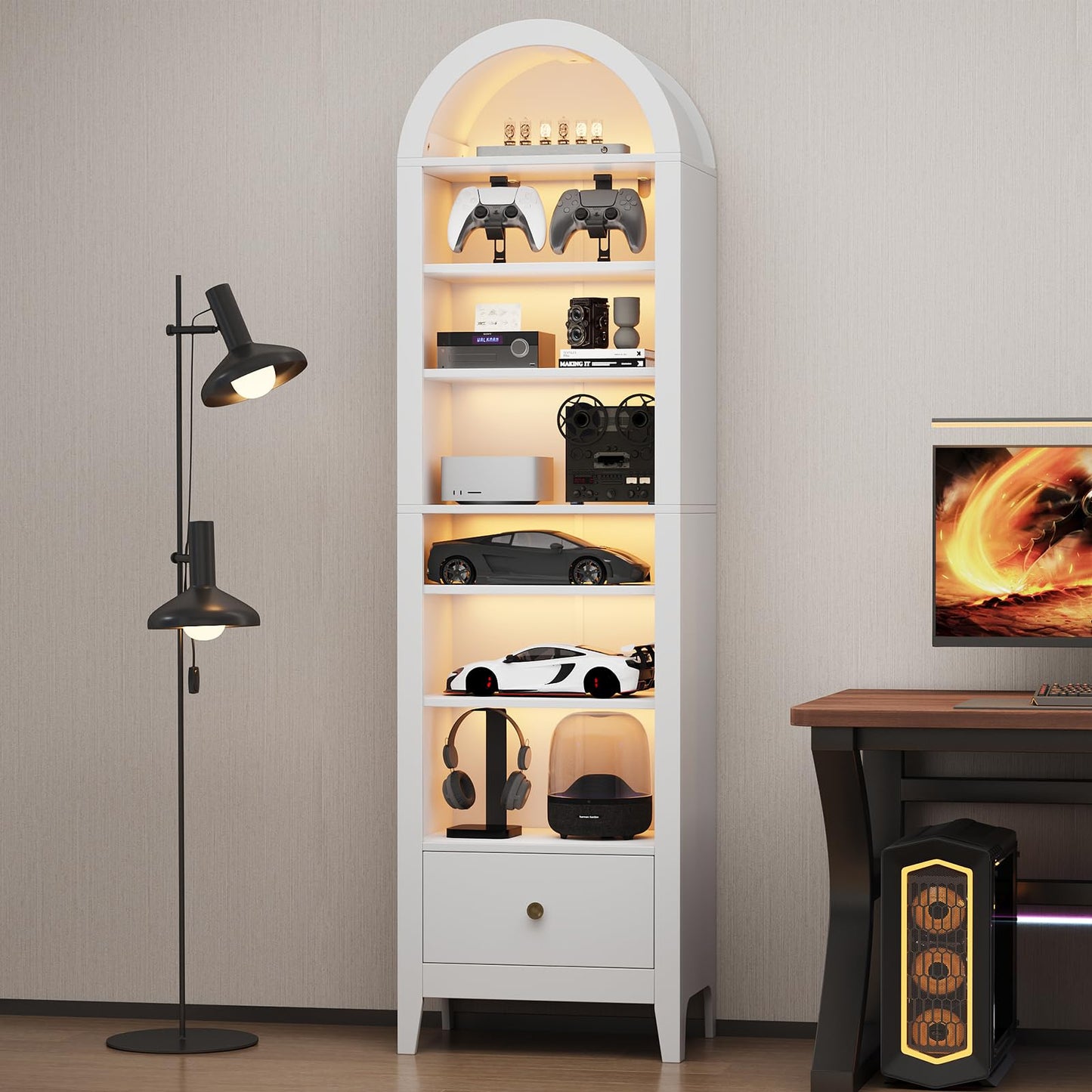 Seeday 71" Tall Narrow Arched Bookshelf, 8-Tier White Arched Bookcase with Adjustable Shelves & Drawer, Modern Open Book Shelf for Living Room, Bathroom, Kitchen, White