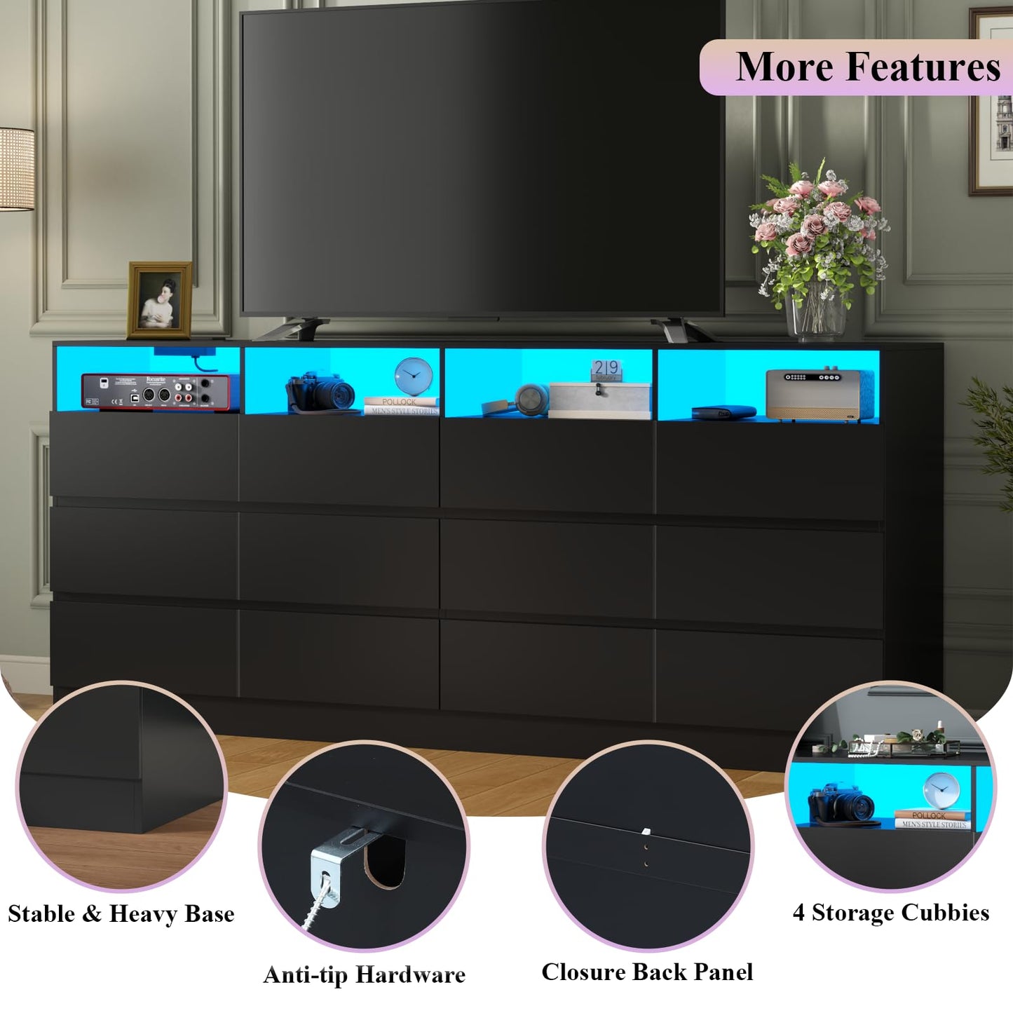 Loomie 12-Cell Divided Drawers Black Dresser with Charging Station & Led Lights for Bedroom, Long 63" Wide Dresser TV Stand for TVs up to 75", Large Dressers Organizer with 4 Open Cubbies