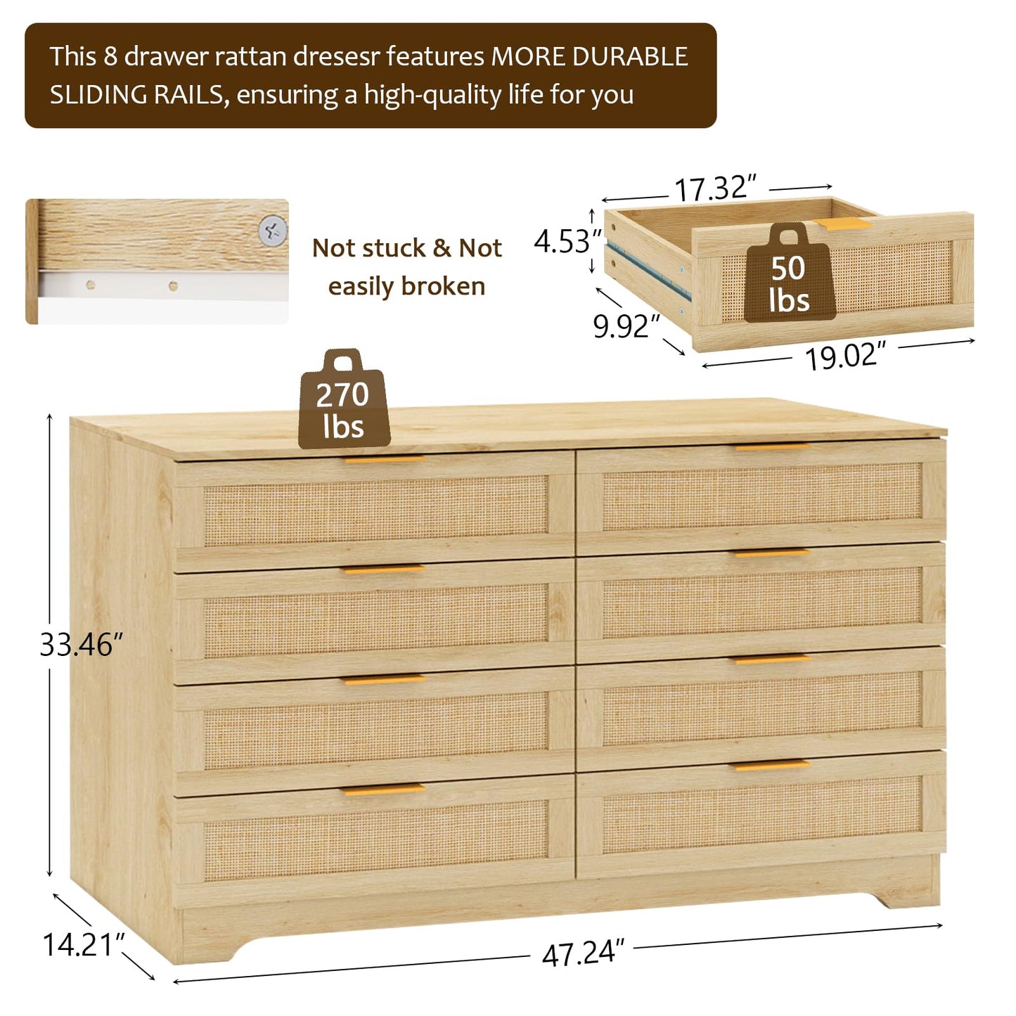 HOPUBUY 8 Drawer Dresser for Bedroom, Rattan Modern Closet Dressers Chest of Drawers, Boho Wood Double Wicker Dresser Storage Closet for Bedroom, Living Room, Entryway (Natural)